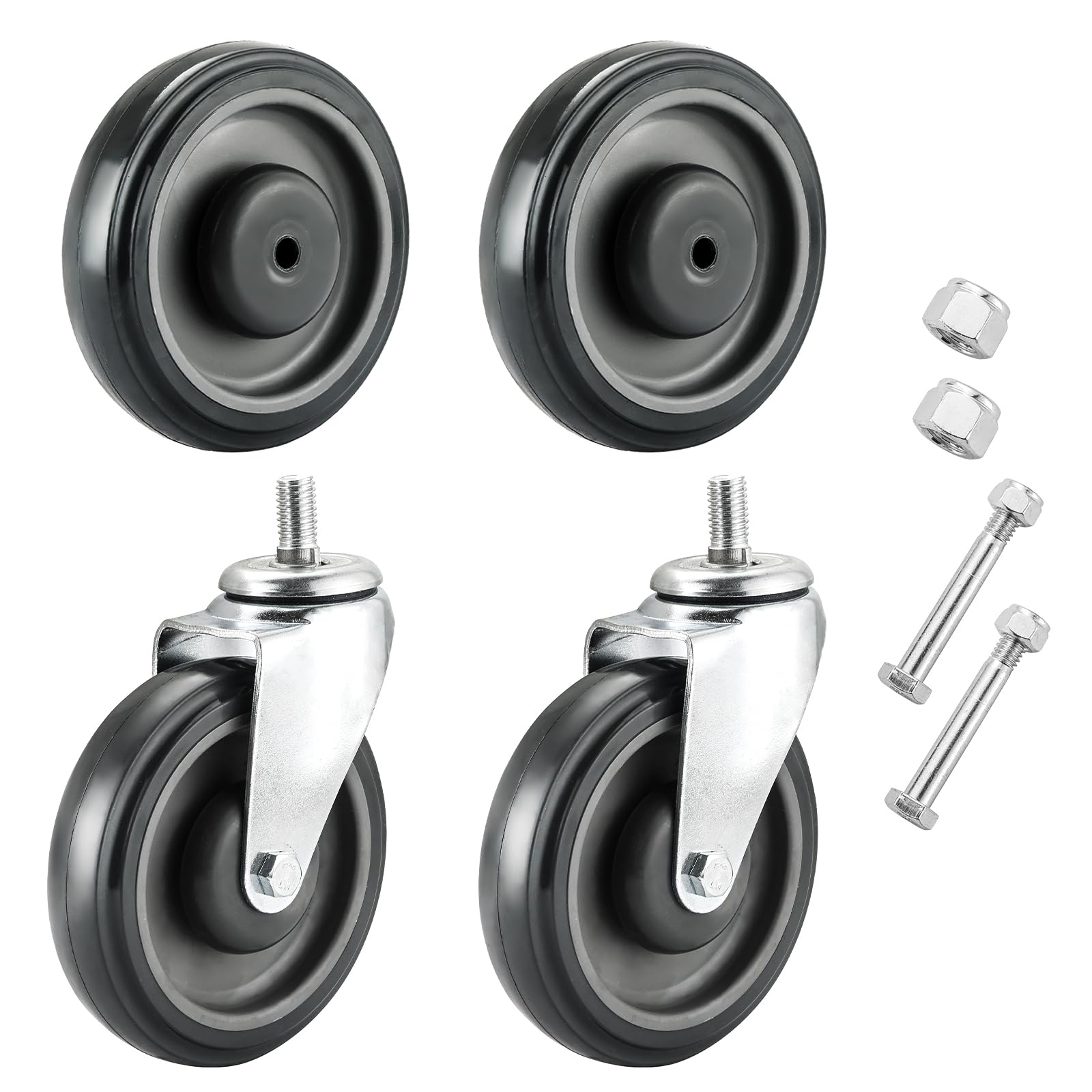 MYFULLY 5" Shopping Cart Caster Wheel Replacement Wheels Kit, Polyurethane Stepped and Full Tread Face Caster Wheels with Hardware, TPU Silent