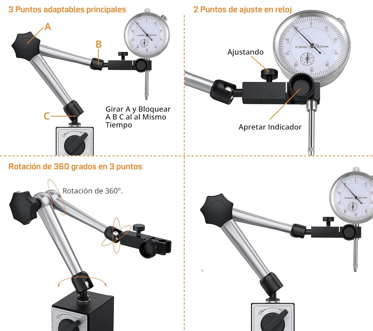 Reloj Comparador Con Base Imantada Para Comprobacion De Nivelado con brazos ajustables 360 grados