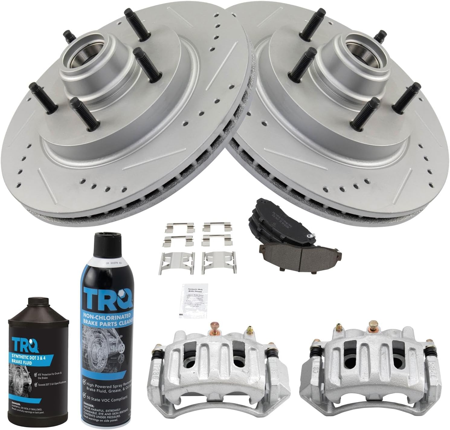 TRQ Front Performance Brake Pad & Rotor Kit Brake Caliper Brake Chemical Kit Brake Pads Brake Rotors Set Semi-Metallic Premium G-Coated Compatible with 1997-1999 Ford F-150