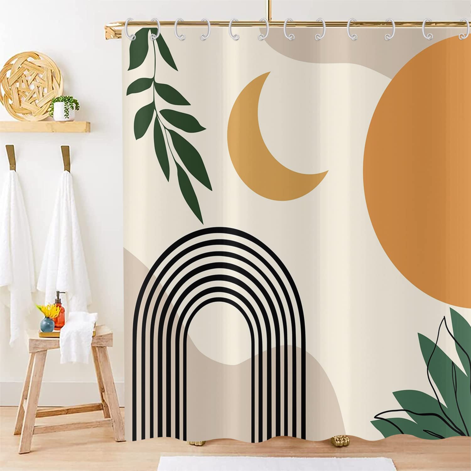Hnmdmyi Boho Shower Curtain 200x180, Mid Century Abstract Leaf Arch Sun Moon Beige Bathroom Curtains Modern Minimalistic Geometric Aesthetic Art Waterproof Polyester Fabric Washable Bath Curtains — image 1