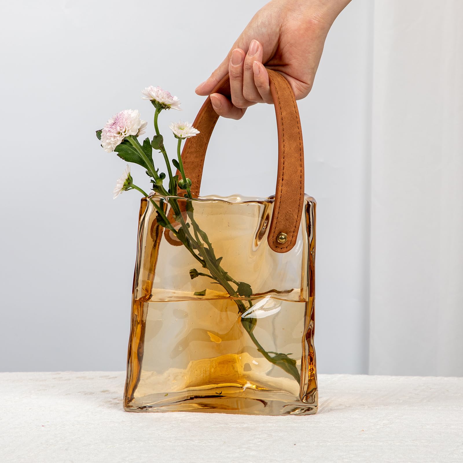 Hollyone 17cm Thickened Glass Vase for Flowers Amber Flower Vase for Room Decor Aesthetic Unique Vases with Handle for Wedding Living Room - Image 4