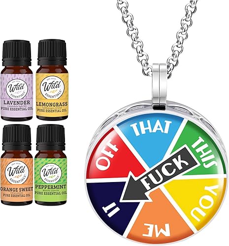 Wild Essentials - Juego de collar difusor de aceites esenciales con rueda F para regalo, dije de aromaterapia, cadena de acero inoxidable de 24