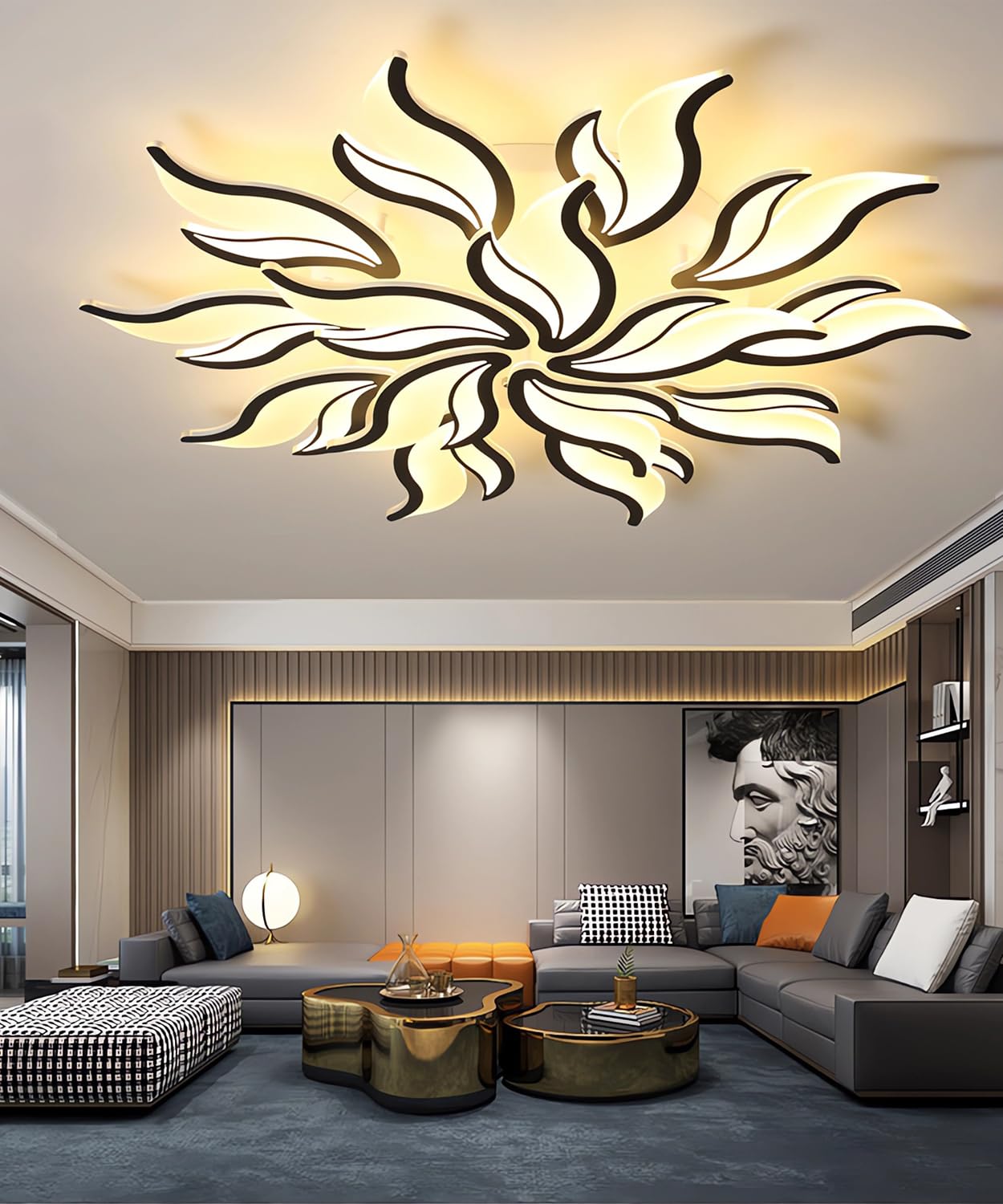 Modern Led Ceiling Light Dimmable with Remote Control Ceiling Lamp Living Room Bedroom Dining Room Ceiling Light Flame Modelling Multifunctional Ceiling Lighting (Black, 15 Heads)