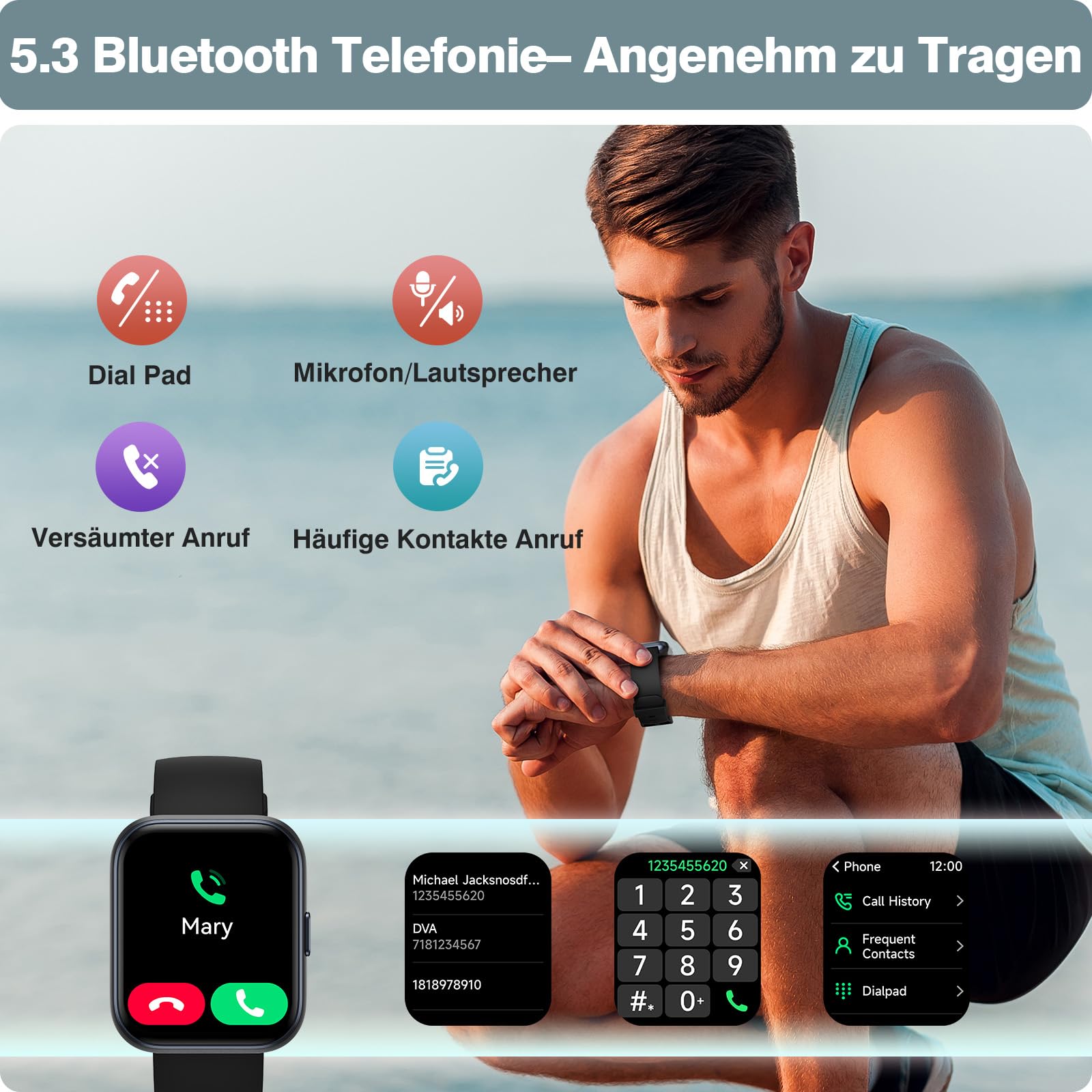 Smartwatch Herren Damen, 1.85" Smart Watch mit Telefonfunktion/Whatsapp, Fitnessuhr Herren mit Herzfrequenz/Schlafmonitor, 10 Tage Akku, 3ATM Wasserdicht Pulsuhr Damen für Samsung/iOS/Android, Alexa
