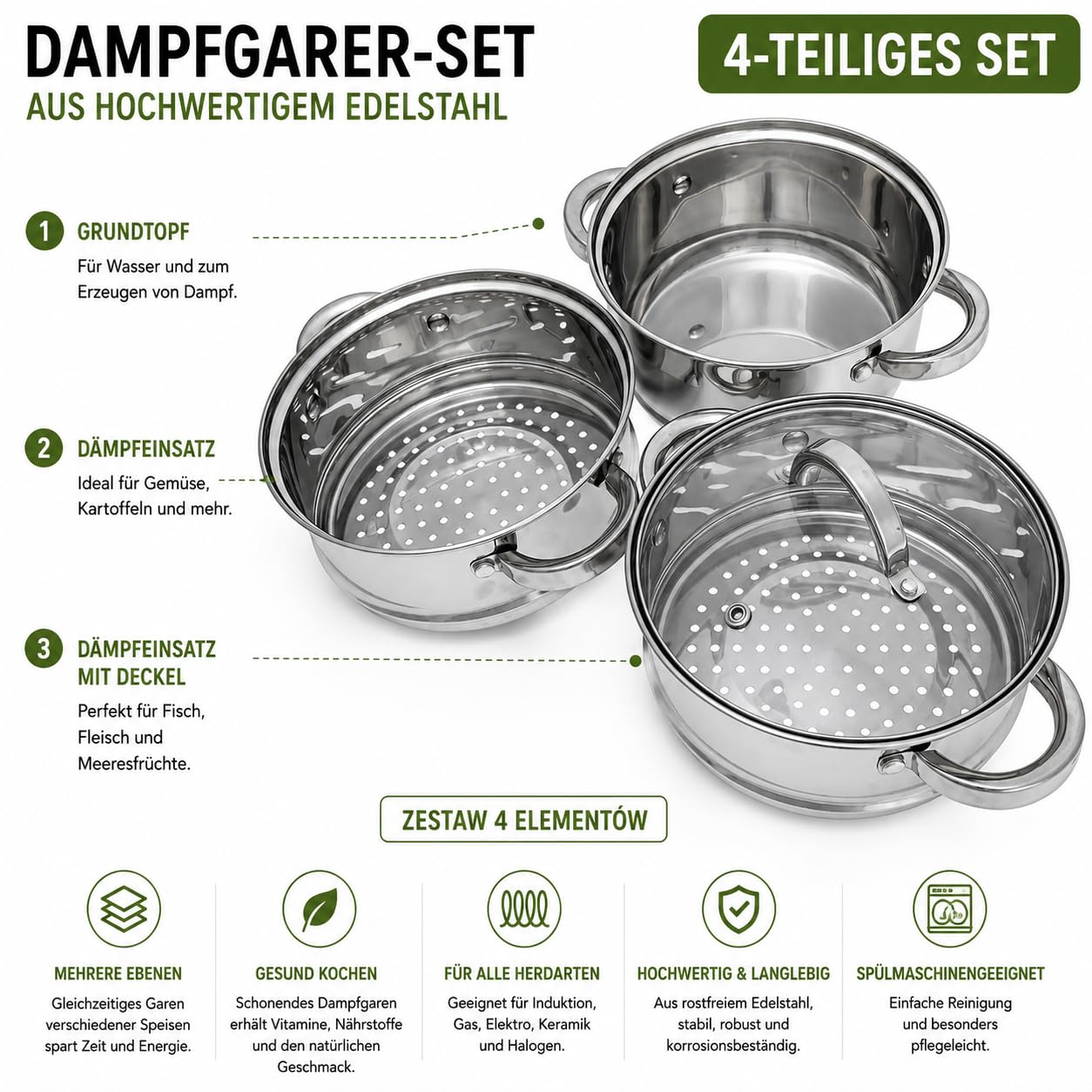 Dampfgarer Set Edelstahl Induktion Klausberg 3,1l (Silber, 4 Teile)