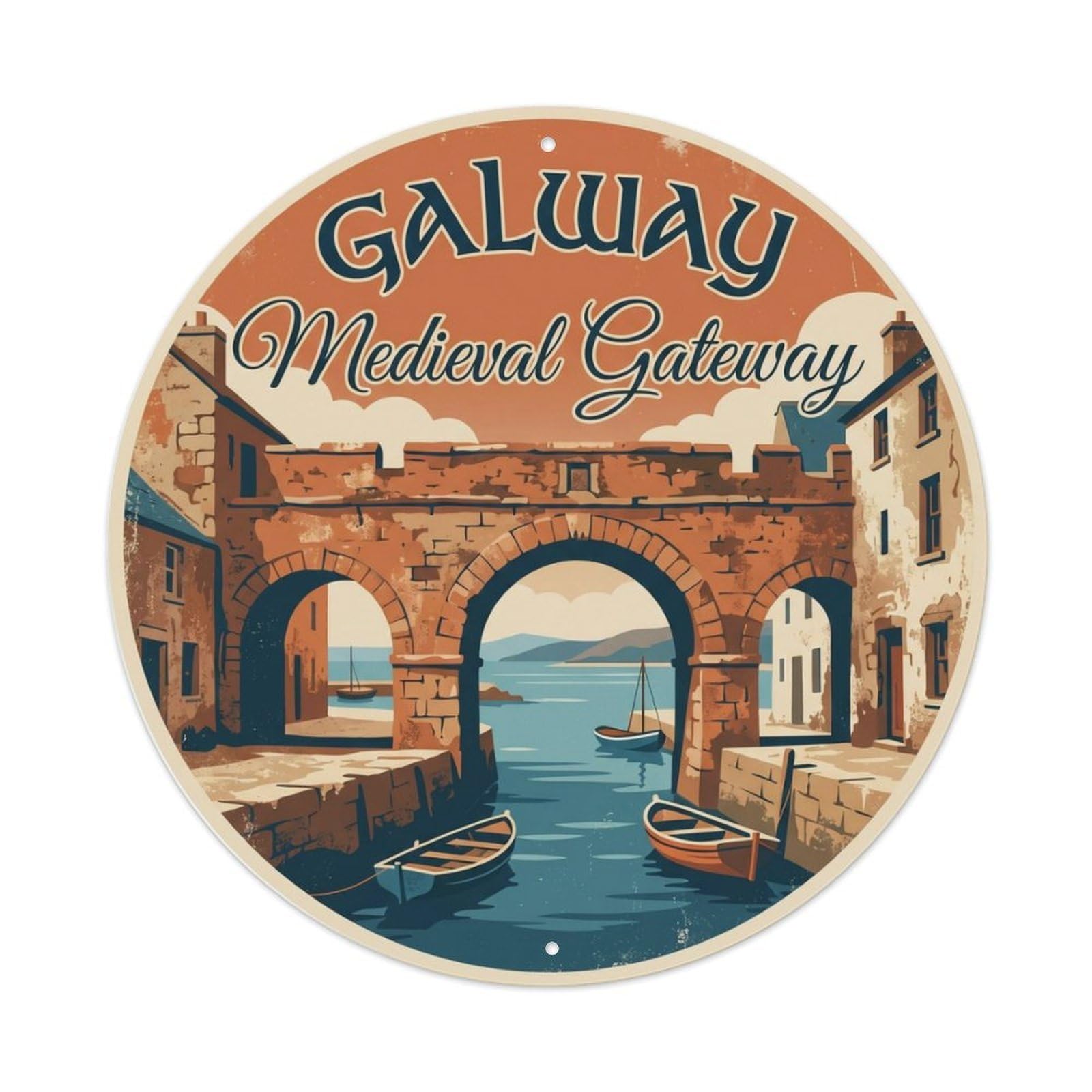 Vintage Travel Galway Spanish Arch Metal Tin Sign Plaque Wall Decor for Cafe, Club Bar, Office, Home Garden Round Metal Poster 8x8Inch