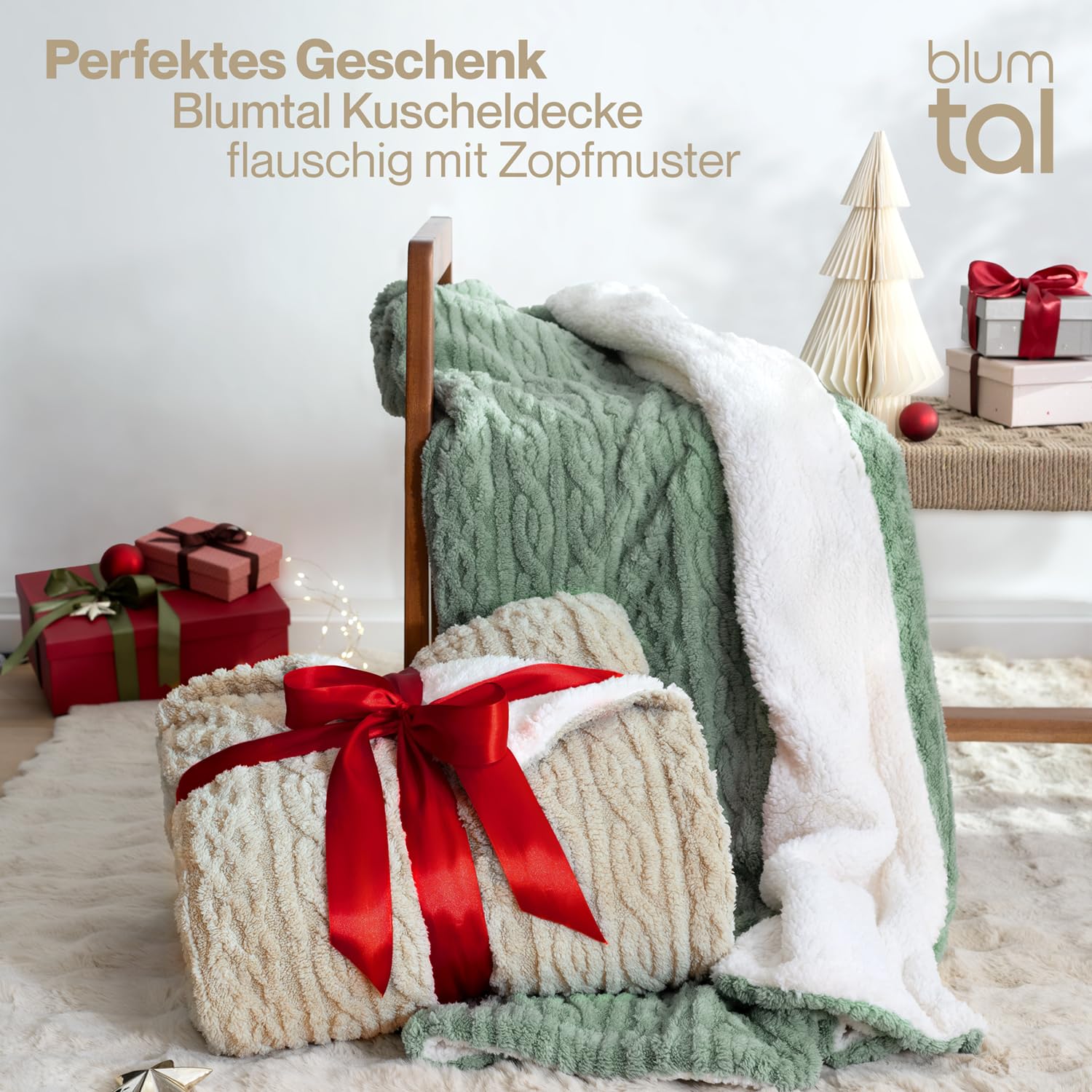 Blumtal Koc 150x200 cm z dzianinowym wzorem - Certyfikowany przez OEKO-TEX koc z mikrofibry z miękkim wnętrzem Sherpa - puszysty koc Sherpa 150x200 - ciepły koc w kolorze beżowym i białym