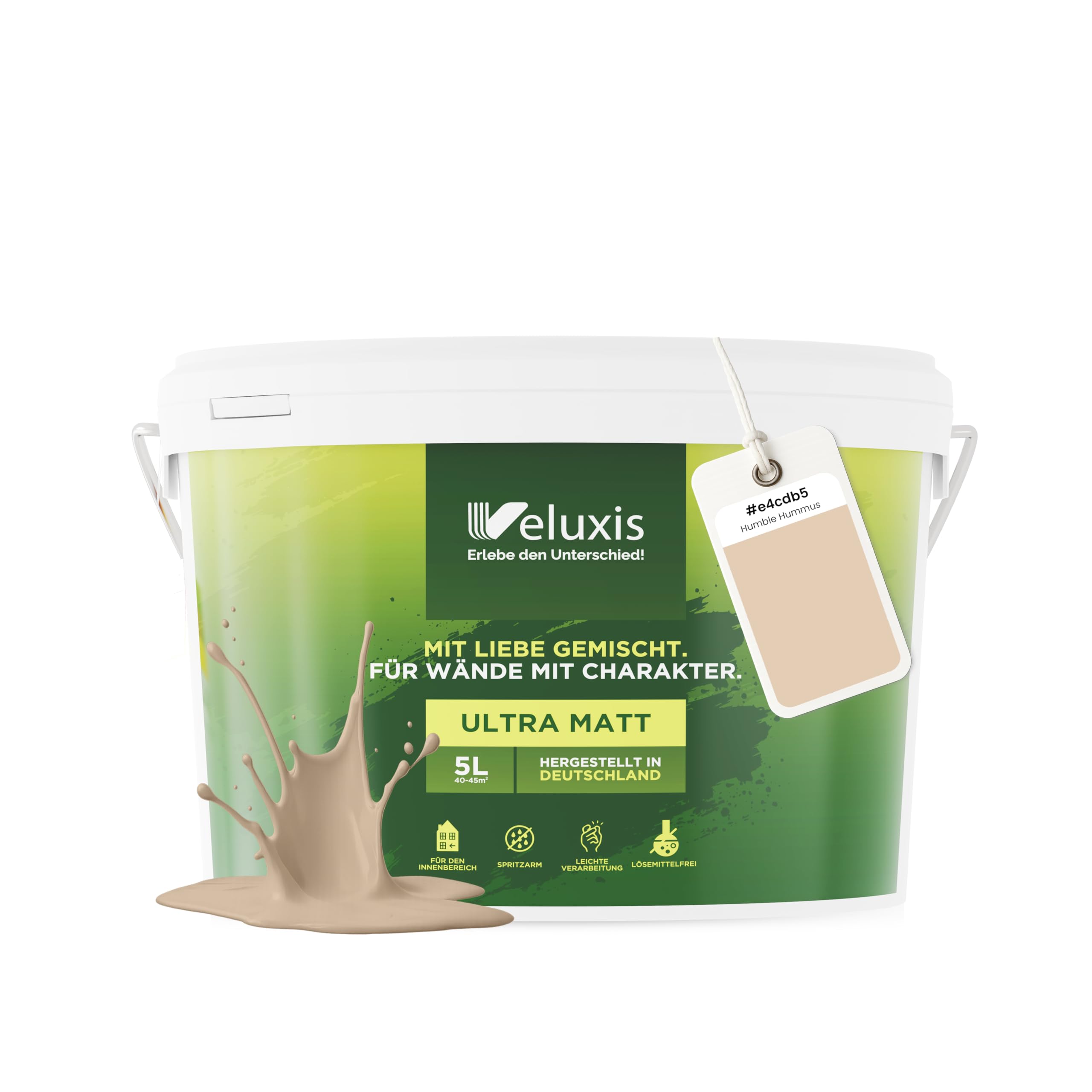 Pintura de pared beige para interiores - 5 litros y opacidad clase 1, sin vetas, antigoteo, ecológica y sin COV (Humble Hummus)