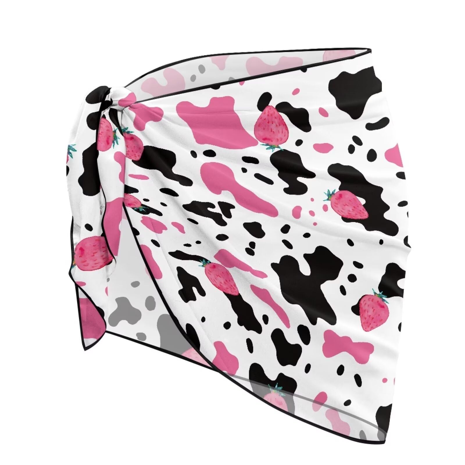doginthehole Strawberry Cow Swimwear Chiffon Pareo Beach Cover Up Bikini Wrap Skirt for Women Girl Cute Summer Vacation Swim Sarong for Beach Pool Party