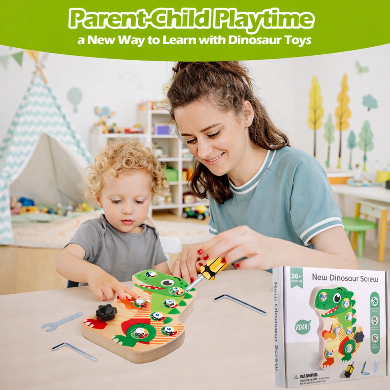 Liangding Montessori Dinosaur Screw Board Toy, Wooden Busy Board with 8 Screws & Tools - Image 4