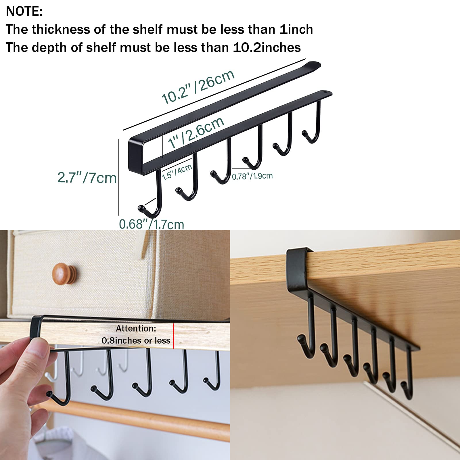 YMIEMIE Adhesive Mug Holder Under Cabinet Pack of 2x6Hooks Multifunctional Nail Free Coffee Tea Cup Hanger Under Cabinet for Kitchen Fit for 1inch Thickness Shelf or Less, Black
