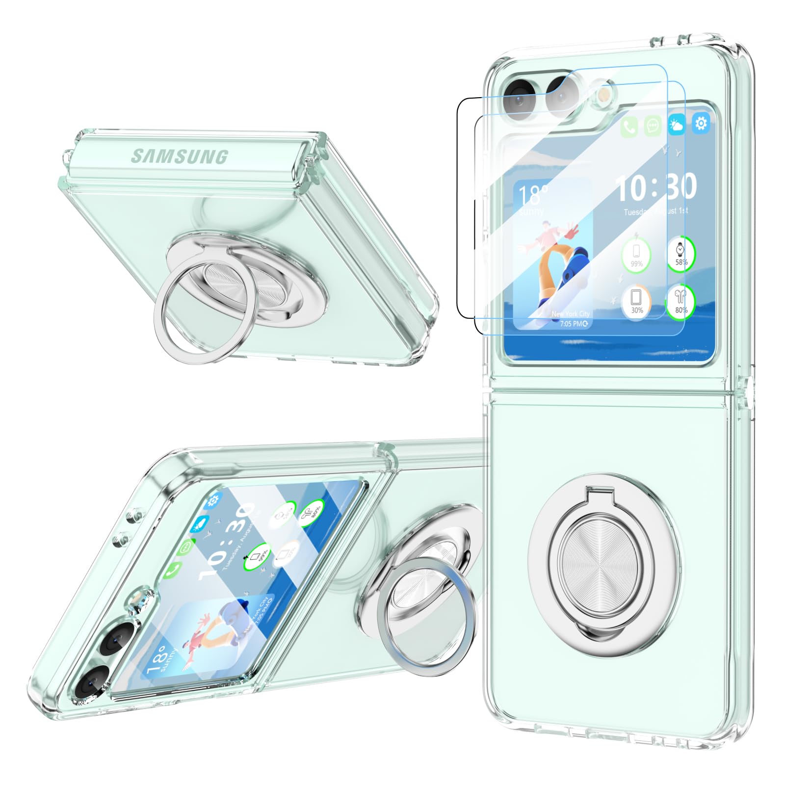 Designed for Galaxy Z Flip 6 Case with Ring Kickstand & 2pcs Tempered Screen Protector for Samsung Flip 6 Slim Protective Phone Case Clear Cover for Z