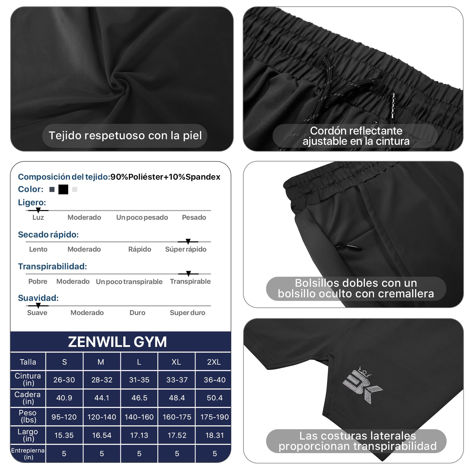 ZENWILL Pantalones Cortos Deporte Ligeros para Hombre,5" Running Short Cómodo para Hombre con Bolsillo Cremallera