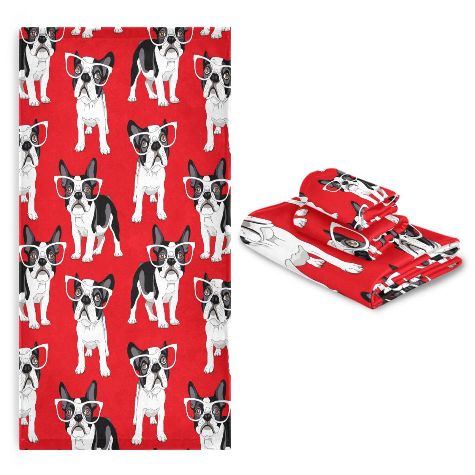 Perro Pug Guay Rojo Juego de Toallas para Baño Playa 100% Algodón de Piscina Toalla (1 Toalla de Baño y 1 Toalla de Mano y 1 Paño de Lavado) para Nadar Hotel Niñas Niños Niños