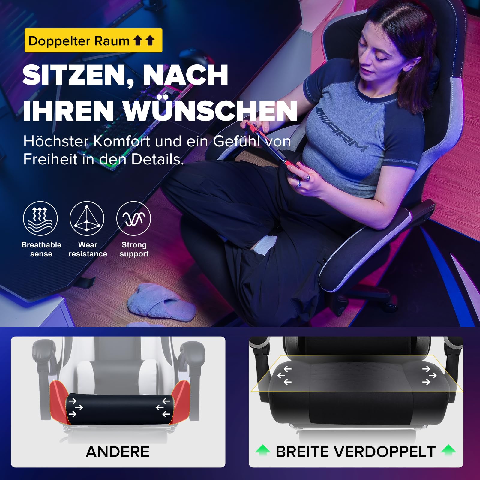 GTPLAYER Gaming Stuhl Ergonomischer Sessel mit Stoffoberfläche, Federsitzkissen, Armlehnen und Fußstütze 150KG, hellschwarz