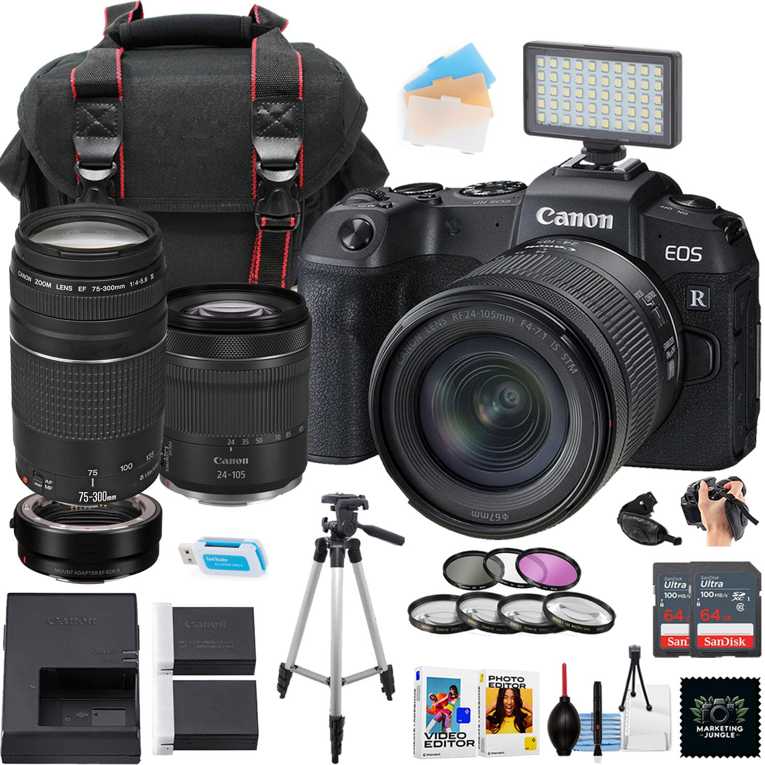 Canon EOS RP Mirrorless Camera w/24-105mm STM and EF 75-300mm Lens + 2pc Sandisk 64GB Ultra Memory Card + Camera Case + More (21pc Bundle) (Renewed)