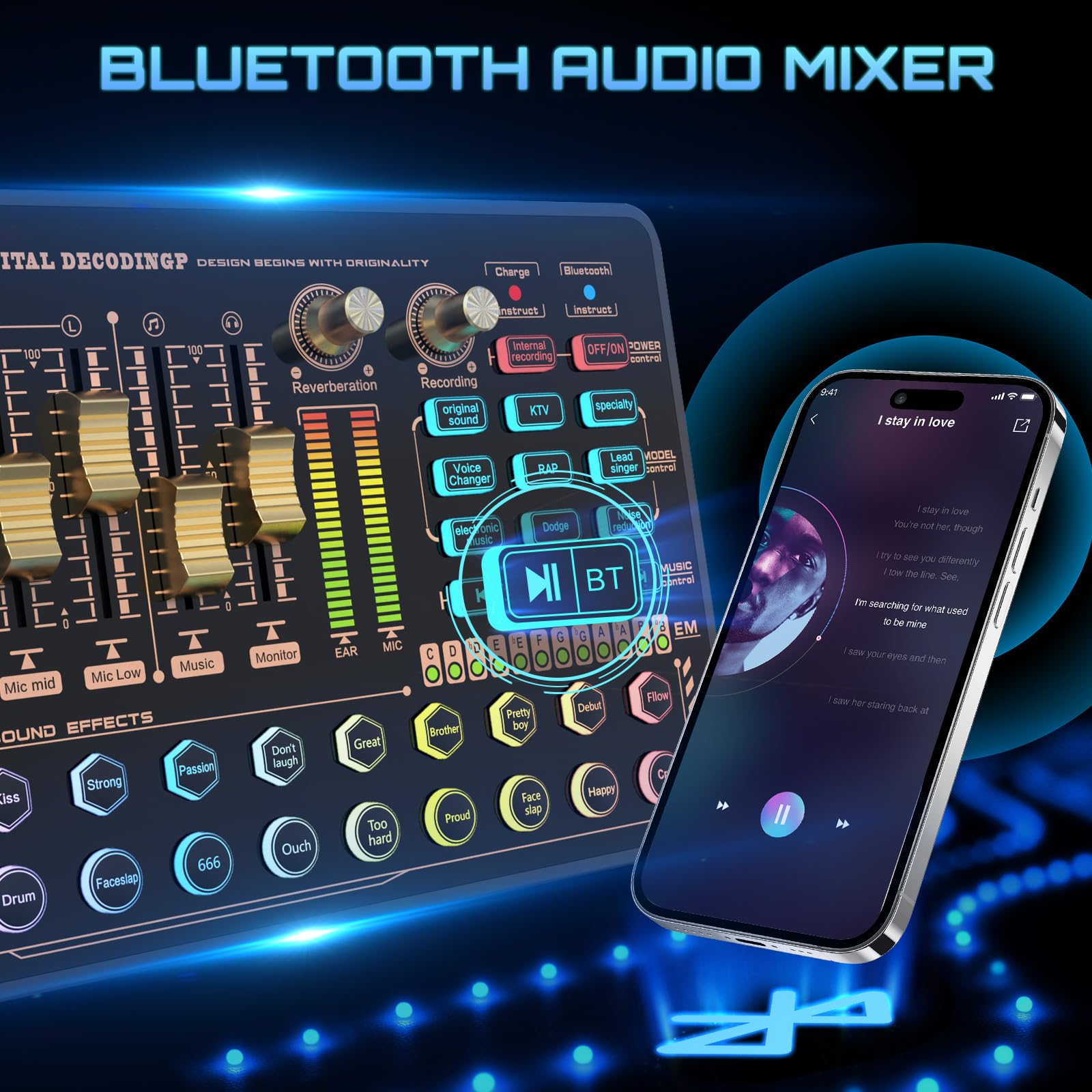 Todeco Mixeur avec Carte Son, Mélangeur Audio Bluetooth Contrôleur | Changeur de Voix, Réduction du Bruit, 4 Commutateurs de Voix, 20 Effets de Fond Fixes, compatible PC, smartphone