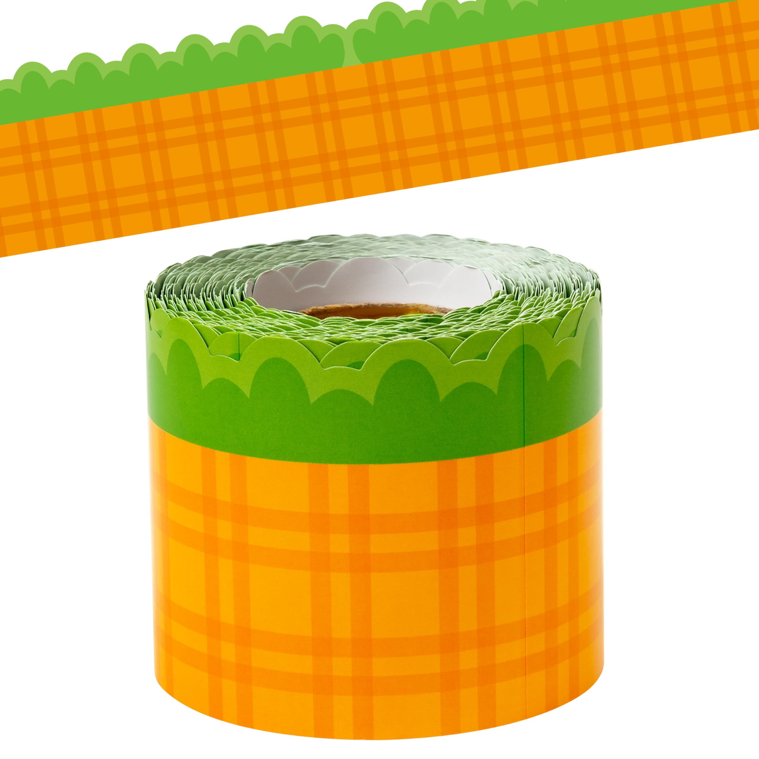 BeYumi Carrot Plaid Border Trim - 65ft Back to School Carrot Scalloped Rolled Border Trim Cute Orange Plaid Bulletin Board Set Classroom Office Chalkboard Door Decor Spring Farmhouse Party Decoration
