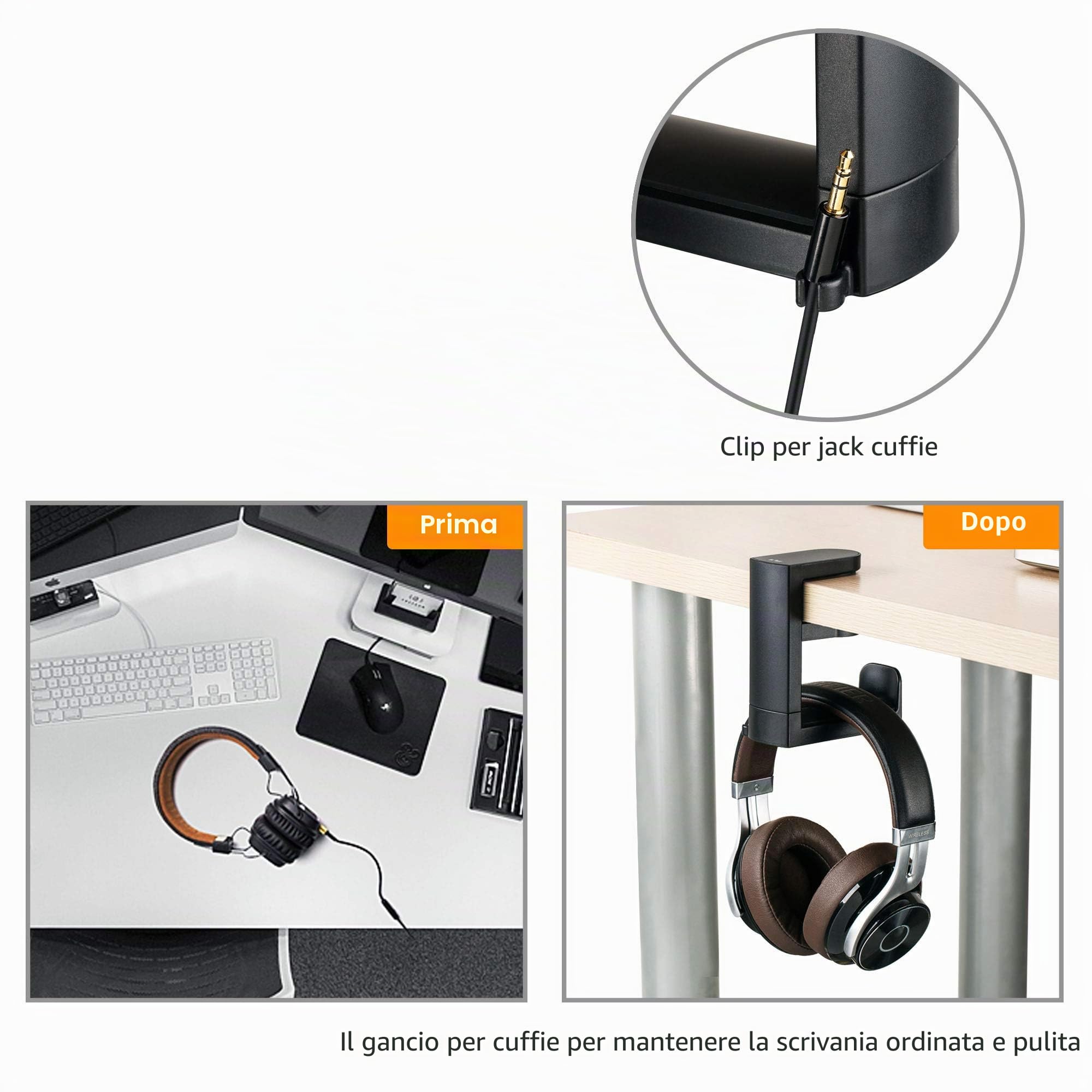 KIWIFOTOS Supporto per cuffie con gancio girevole a 360° + clip per cavo, supporto per cuffie da gioco sotto la scrivania per Sony, Beats, Sennheiser, HyperX