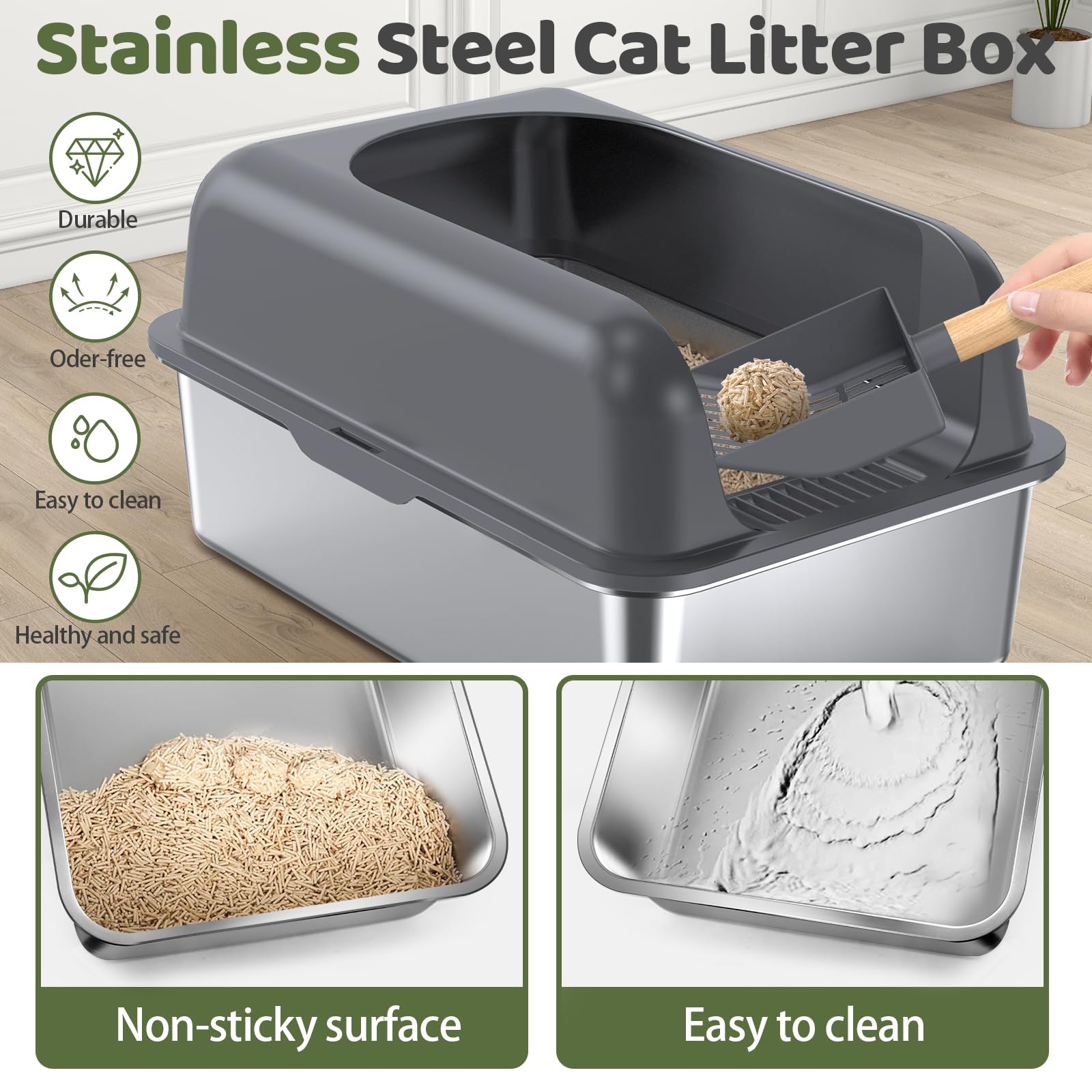 Gimars XL lettiera in acciaio per gatti, ampia vaschetta in acciaio inox da 20L con paletta e pedale, lettiera in metallo ideale per gatti di taglia media e grande
