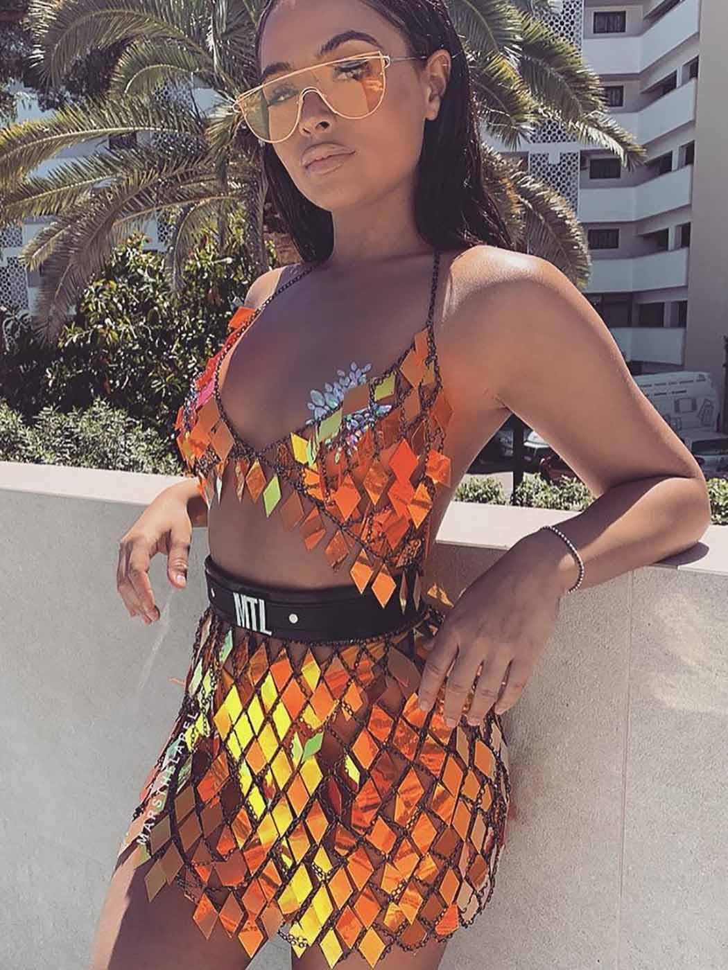 IYOU Pailletten Quaste Körperkette Outfits BH-Rock Blau Bikini Rave Festival Party Strand Mode Clubkleidung Zubehör zum Damen(Gold)