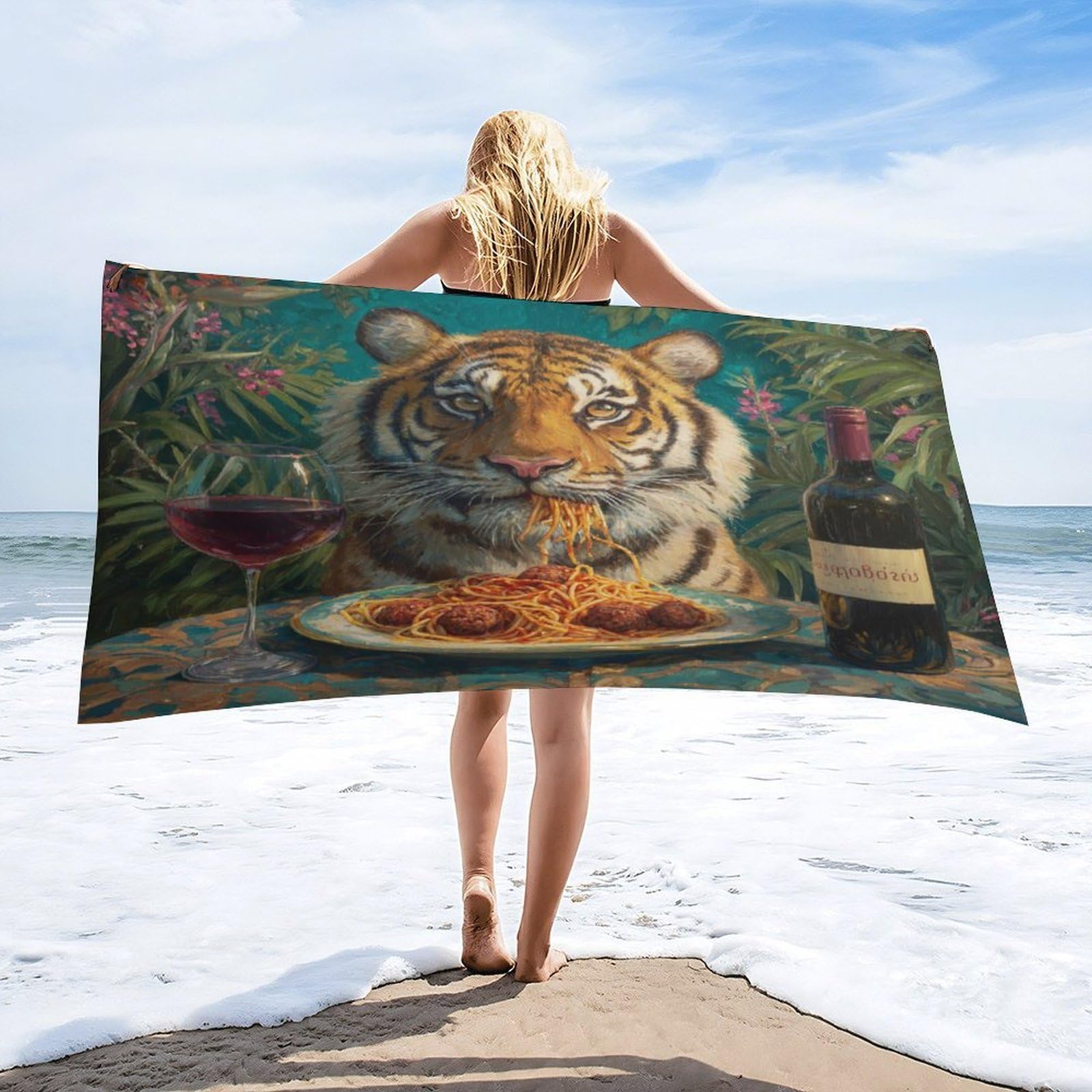 Luyysky Vintage Fantasy Animal Tiger Quick-Drying Beach Towel, Classic Watercolor Tropical Plant Palm Leaves Italian Food Travel Vacation Single Sided Pile Bathroom Towels-80 W Cm X 160" L Cm