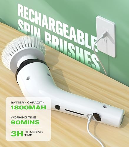 Miniatura 7 de Cepillo eléctrico giratorio para limpieza, cepillo de ducha impermeable IPX5 con 9 cabezales, limpiador de doble velocidad de potencia de 1.5 horas