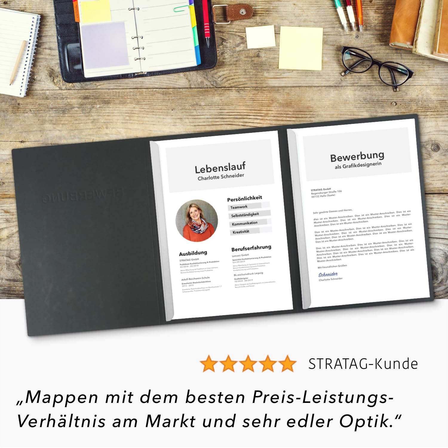 STRATAG® Lot de 10 chemises de candidature en 3 parties avec 2 rails de serrage en cuir fin // avec 10 enveloppes blanches de qualité supérieure