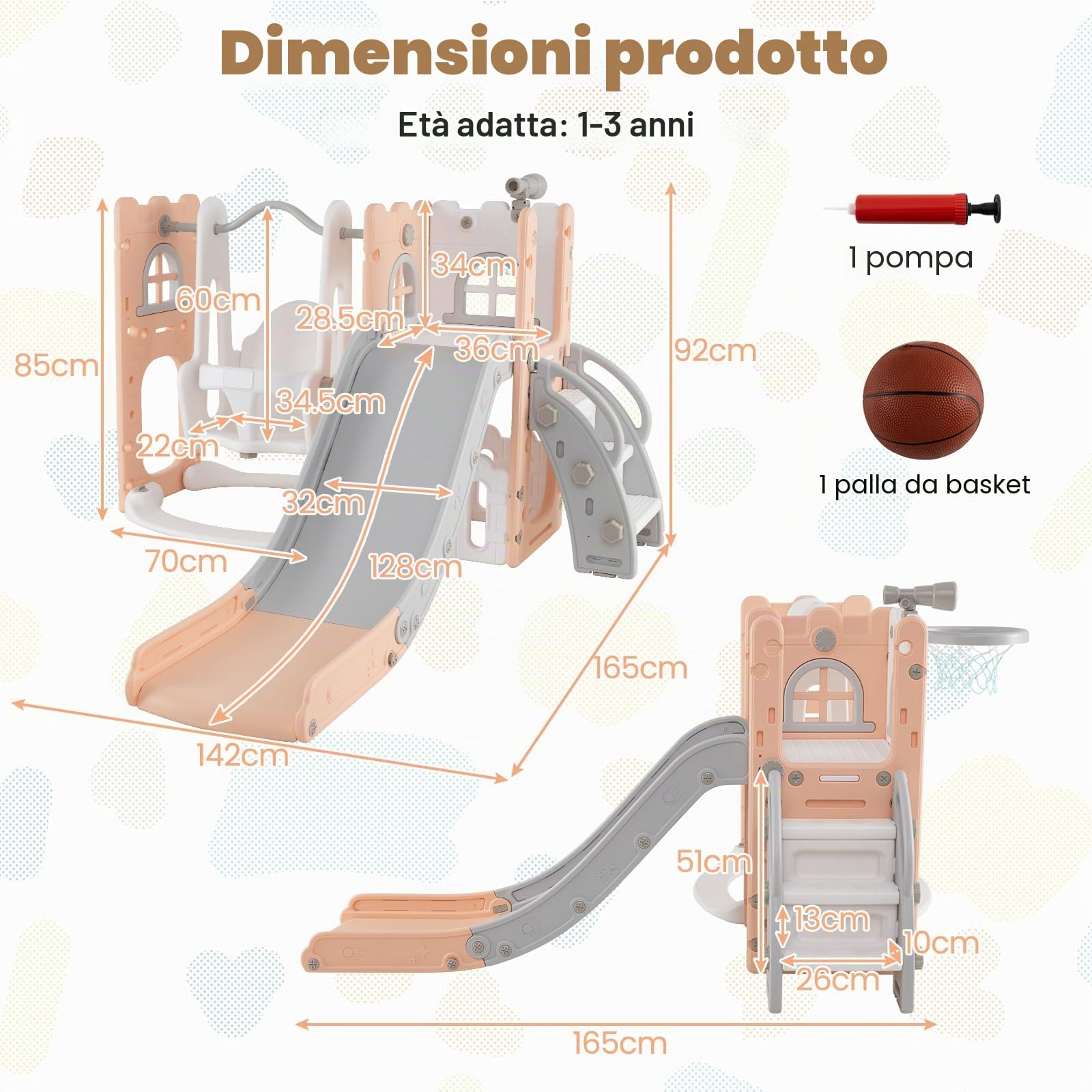 HOMASIS 7 in 1 Scivolo per Bambini da 1 a 3 Anni, Altalena Interna per Bambini con Scala, Telescopio, Canestro da Basket e Spazio di Stoccaggio, Area Giochi, Abilità Motorie (Rosa)