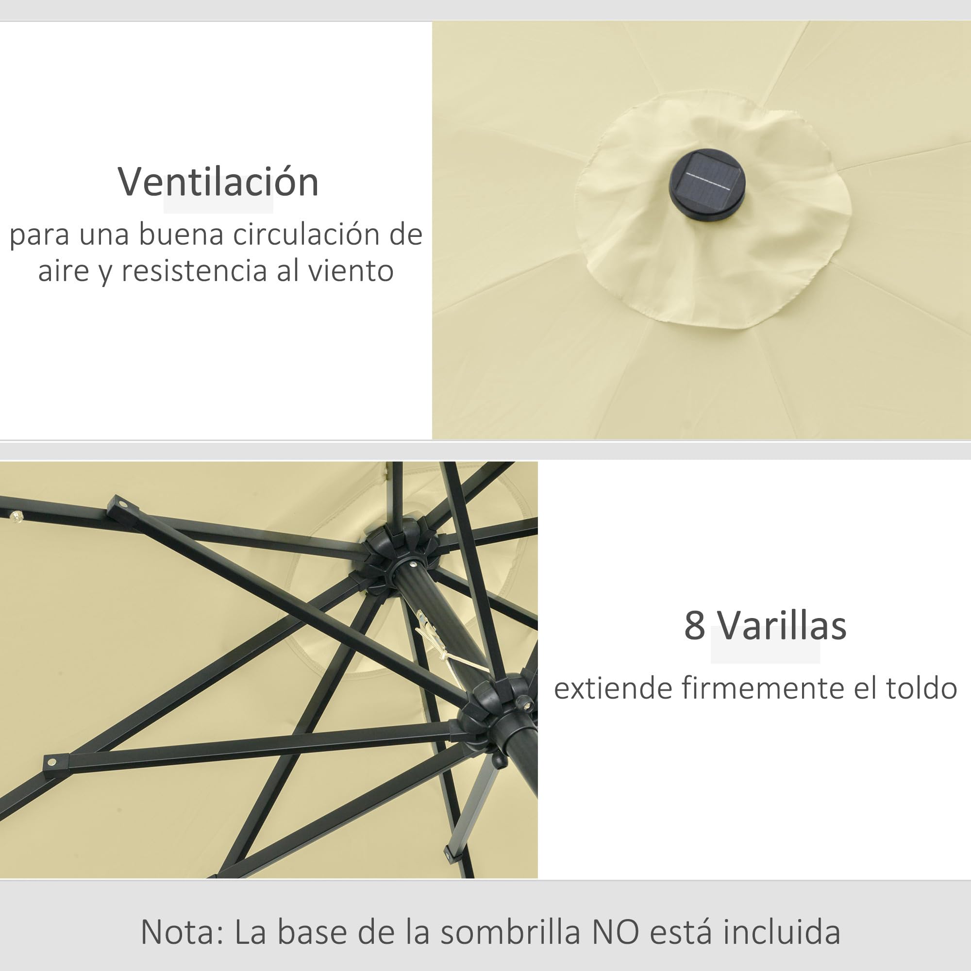 Outsunny Sombrilla Terraza Exterior Ø265 cm con 32 Luces LED Solares Beige | Sombrilla de Jardín, Poste de Acero, Manivela de Parasol Inclinable, para Patio, Terraza