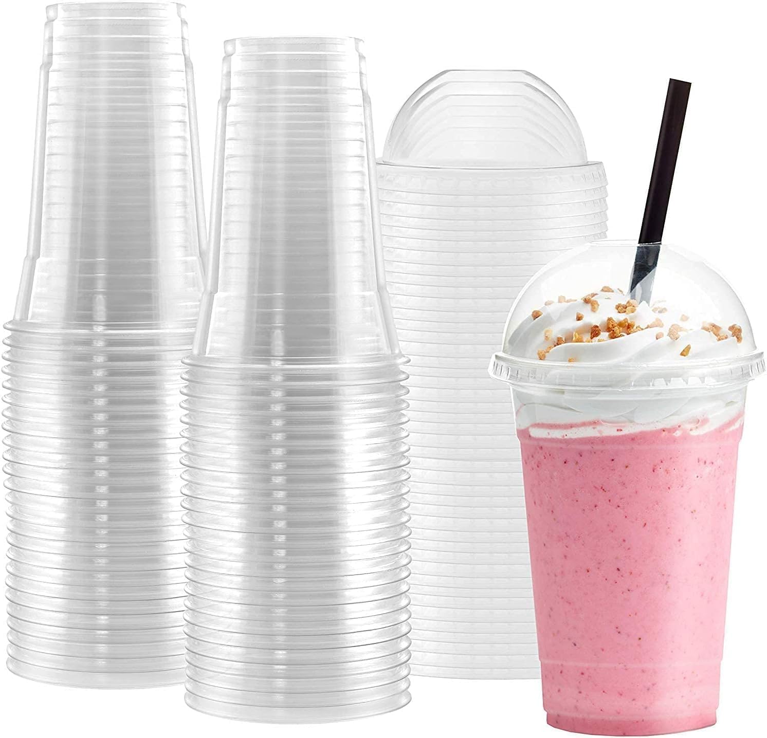 50Pcs, 16 oz. Plastic Cups With Dome Lids, Disposable Clear Cups for Cold Drinks, Dessert, Milkshake, Iced Coffee, Slush, Smoothies
