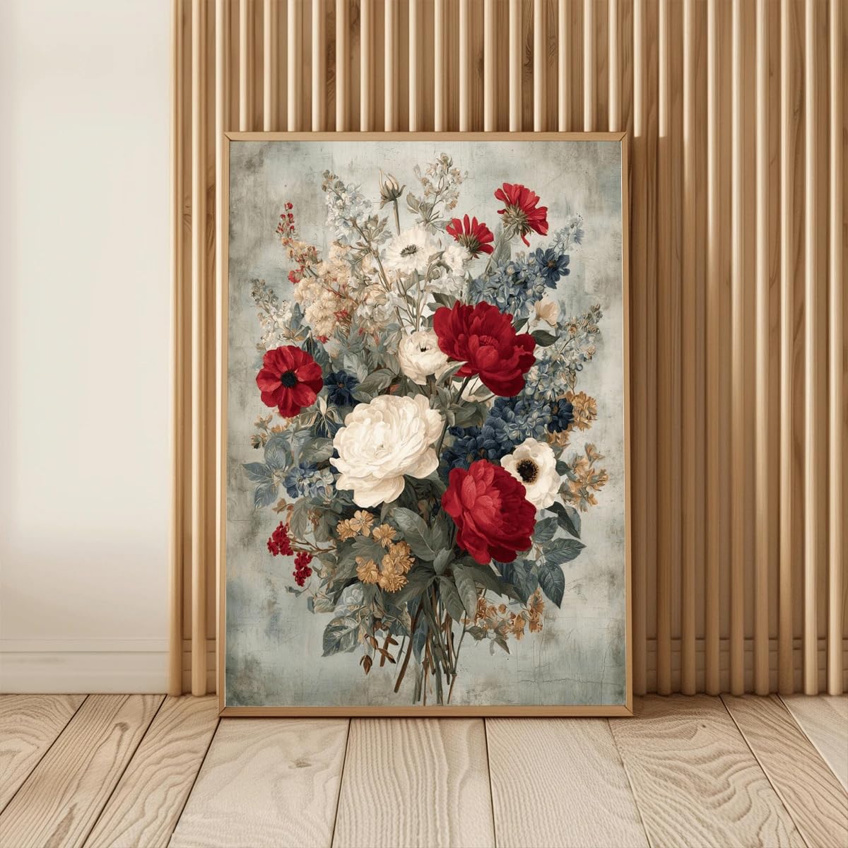 1 lienzo decorativo de pared con diseño floral en rojo, blanco y azul, ideal para la decoración de la sala de estar, la cocina y el baño (70x100cm/Sin marco).