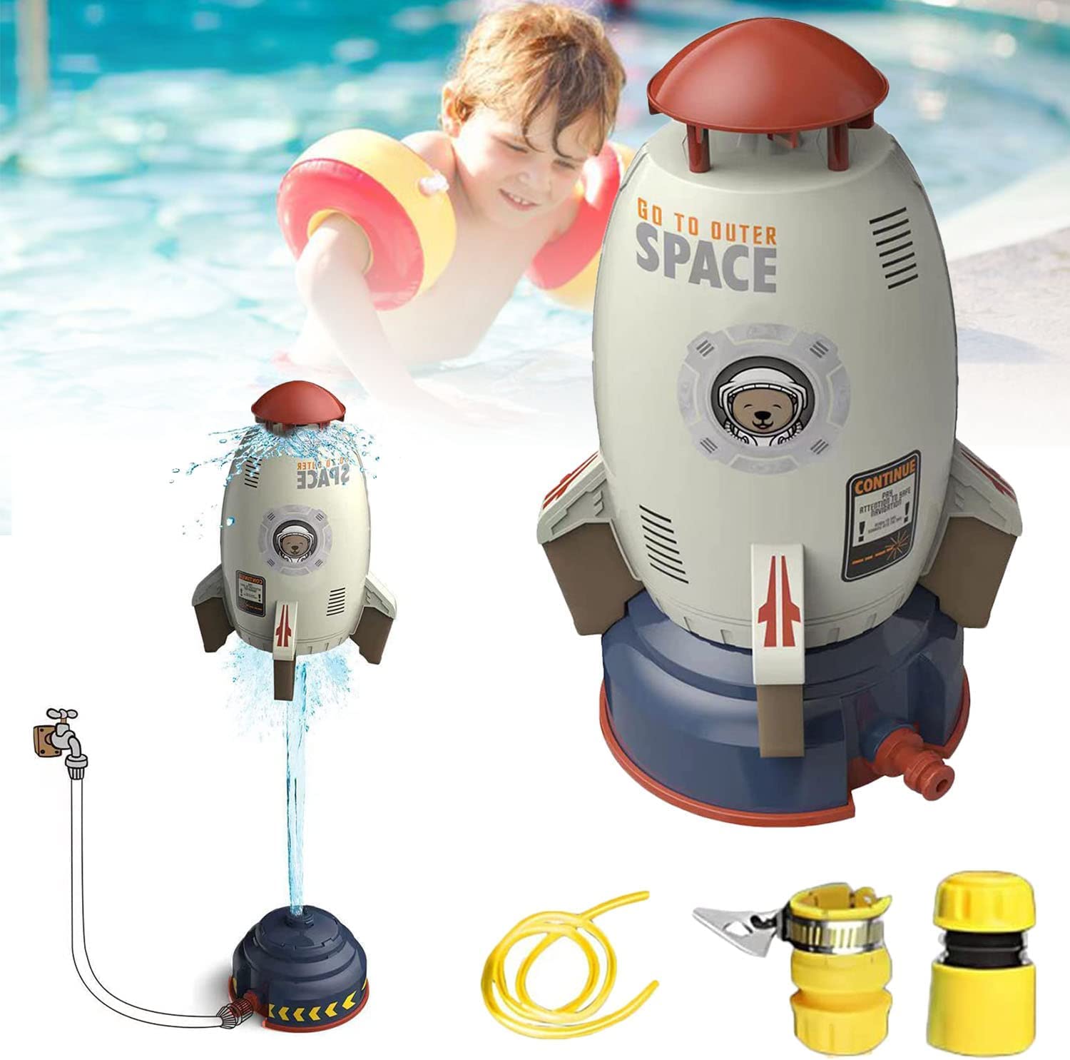 CYTBEKRocket Launch Sprinkler Toy, Hydro Launch Water Rocket Toys for Kids, Summer Kids Sprinklers for Yard Games, (Shark Space Rocket+Base Interface+Faucet Interface+16 Ft Water Pipe) white