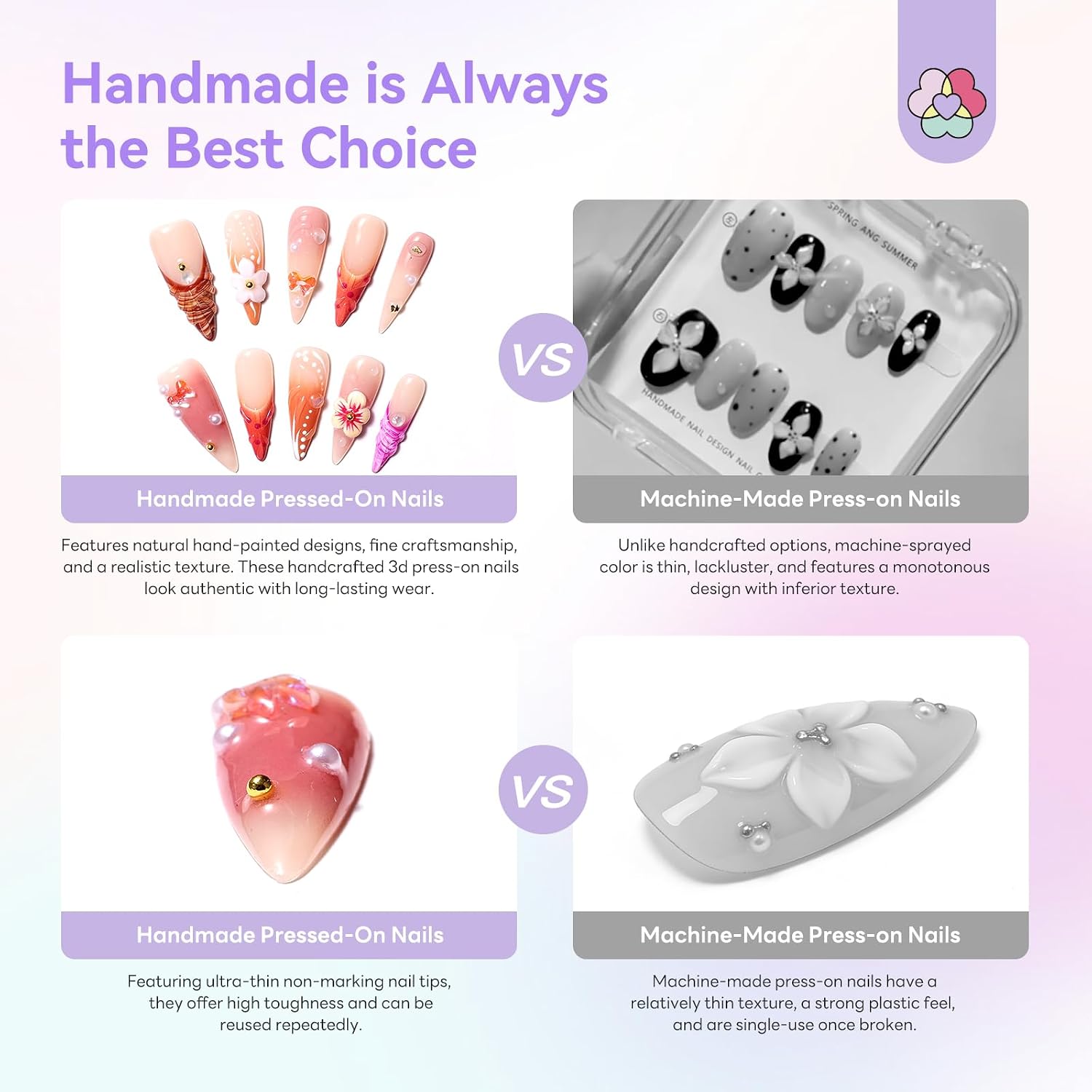 SAVILAND 3D Handmade Press on Nails Kit: Instant Transformation 10Pcs Nails Press ons Precise Fit with Nail Adhesive Tabs Nail Glue Iridescent Shell & Flower 3D Fake Nails No U V Need (Size M/S)