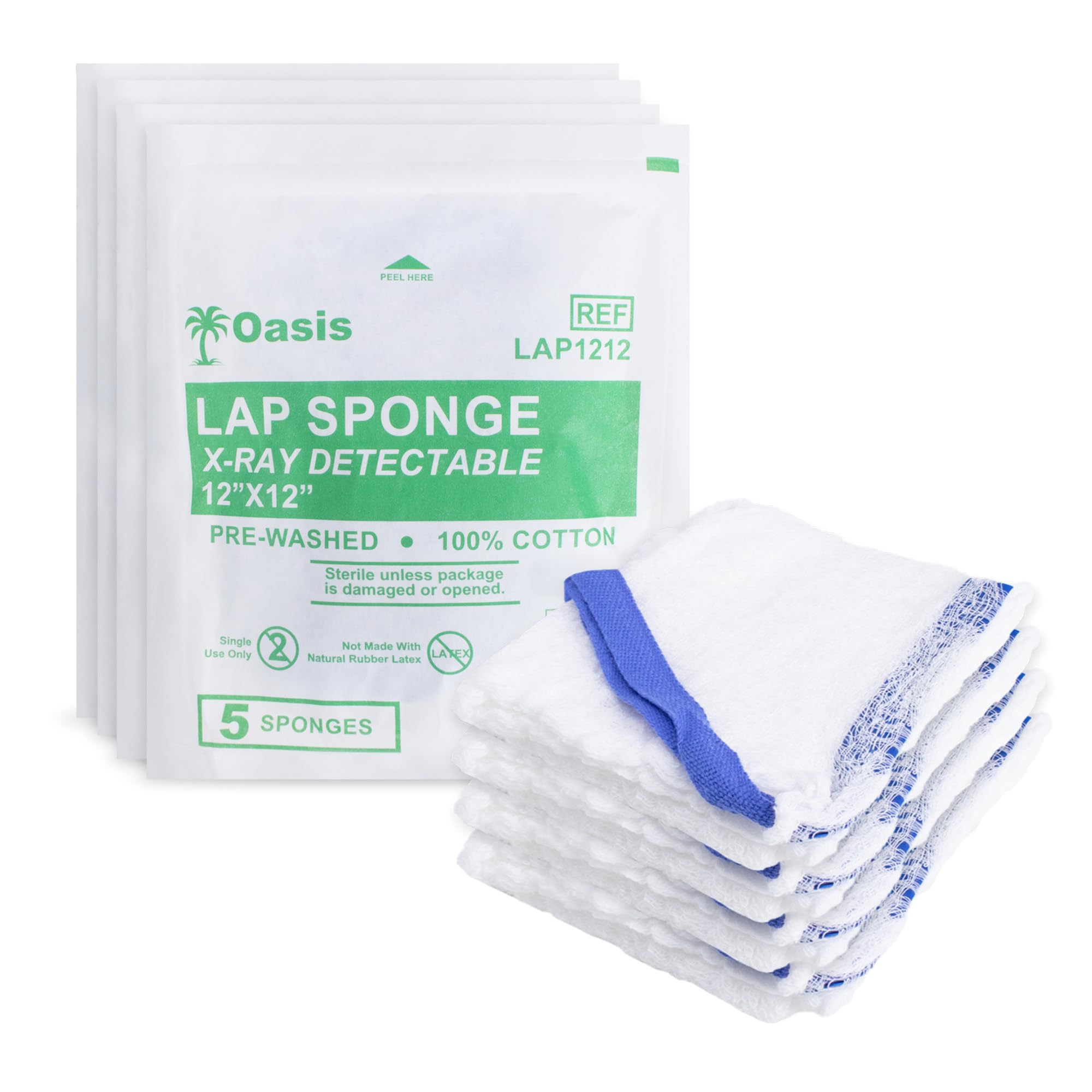 Sterile Lap Sponges, 12" X 12", 25 Count, Xray Detectable, Highly Absorbent, Pre-Washed & De-Linted, 100% Cotton, (5 Packs of 5)