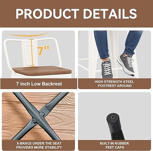 Miniatura 5 de Yongchuang Juego de 2 taburetes de bar de 24 pulgadas de altura de mostrador, sillas de bar de metal para cocina de granja con asiento de madera,