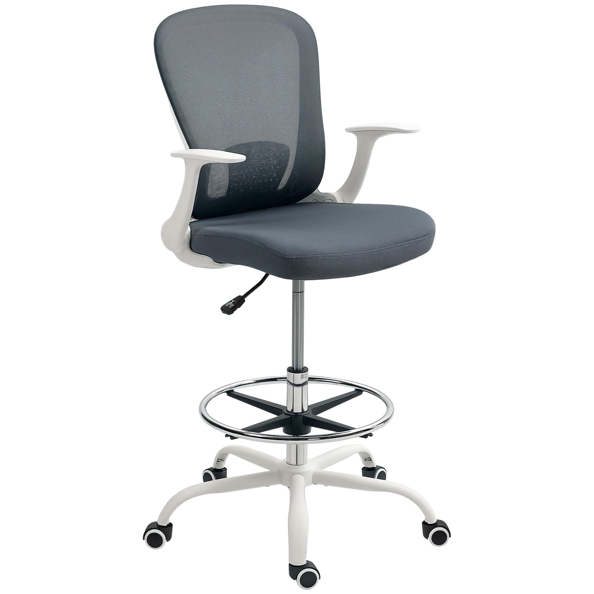HOMCOM Drafting Chair, Ergonomic High Office Chair with Flip-up Armrest, Mesh Back, Lumbar Support, Adjustable Foot Ring, Swivel Wheels, for Standing Desk, Grey
