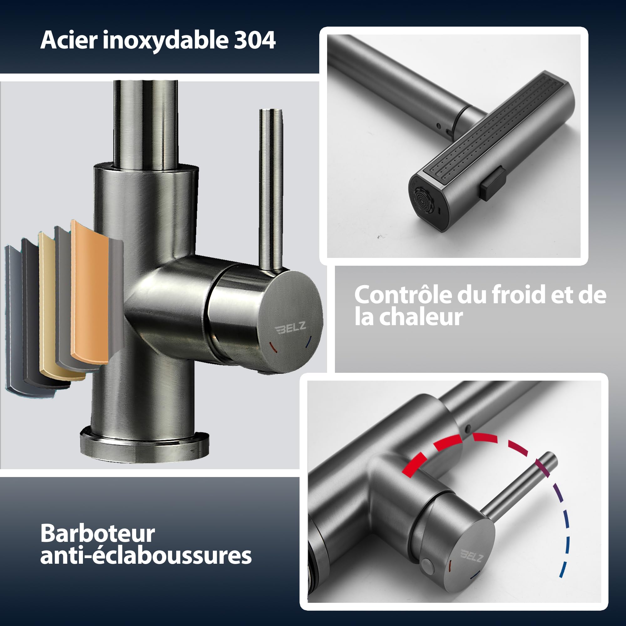 BELZ Miscelatore da cucina estraibile, girevole a 360°, rubinetto a cascata antispruzzo, in acciaio inox, caldo e freddo, cromato (Gunmetal)