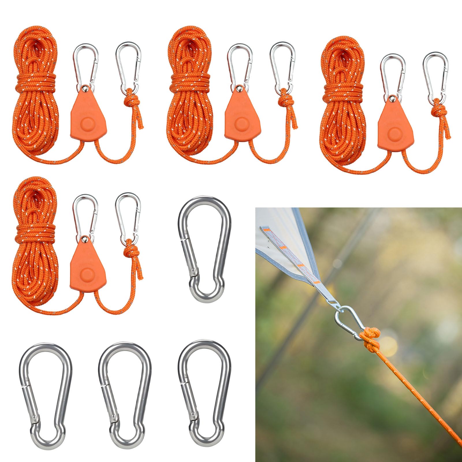 4 Pièces Cordes De Tente Avec Poulie Diamètre 4 Mm Cordes à Cliquet Avec Crochets Corde De Camping Légère Corde En Nylon Lumineuse Pour Camping