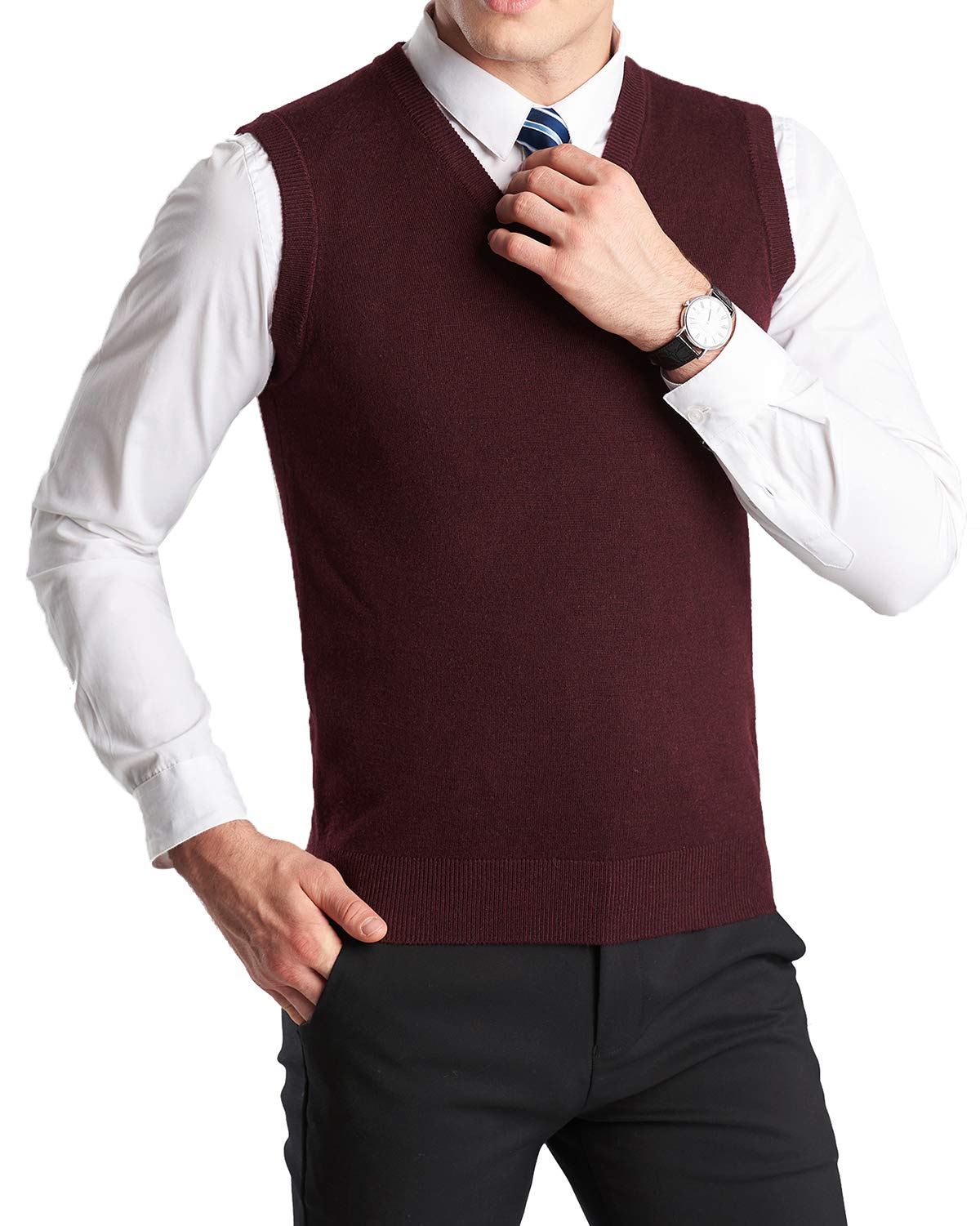 Homme Gilet en Laine Unie Col V Wool Pull sans Manche Automne Col V Gilet Classique Gentleman Tricots Cardigans Débardeurs