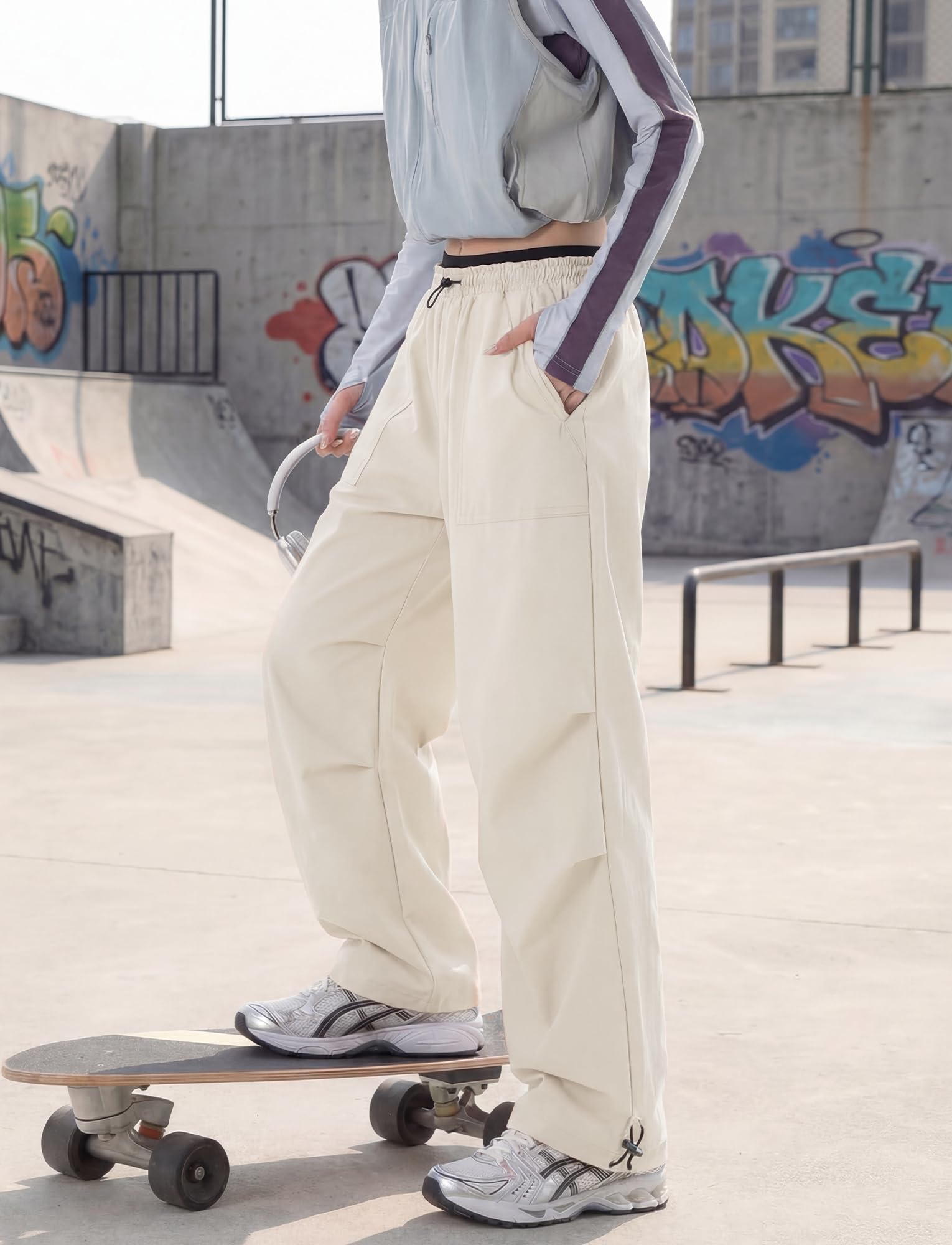 FEOYA Y2K Pantalon cargo imperméable pour femme, pantalon de randonnée à jambes larges, pantalon de parachutisme, séchage rapide, pantalon de course décontracté