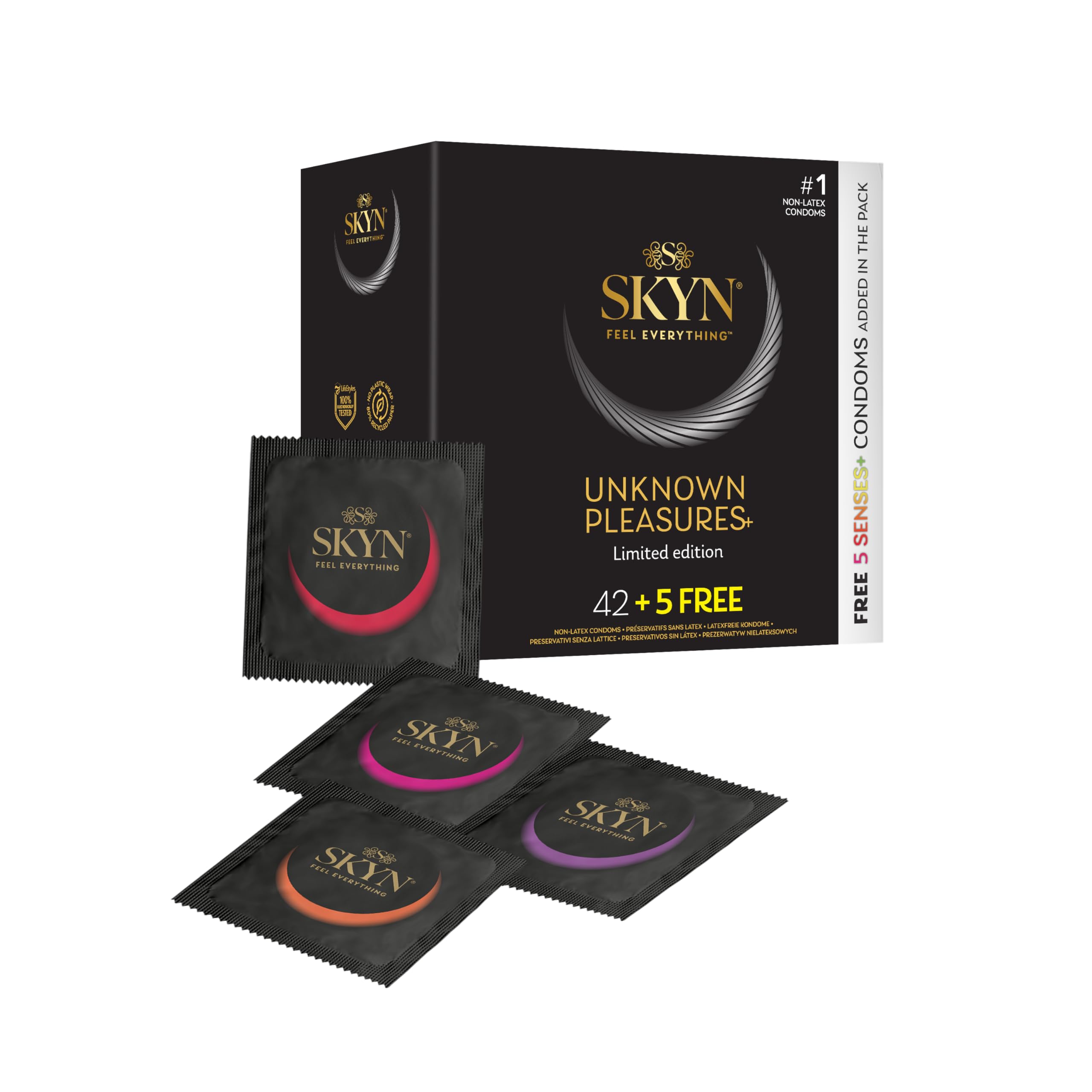 Unknown Pleasure Condoms Pack of 42 & 5 Senses Pack of 5 / Skynfeel Latex Free Condoms for Men, 6 x Intense Feel, 18 x Cocktail Flavoured, 6 x Tingling, 6 x Warming, 6 x Cooling