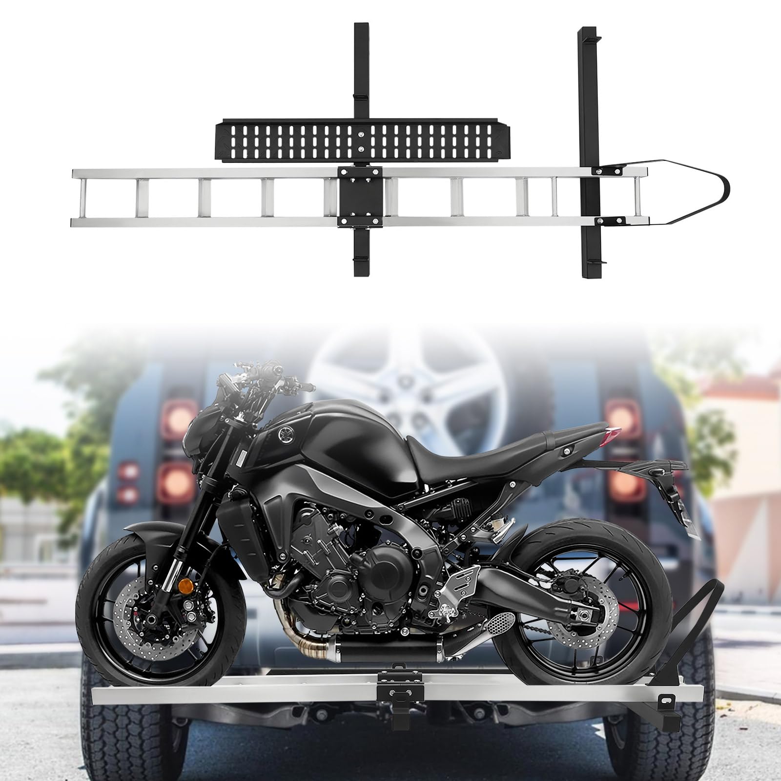 Wytrzymały aluminiowy uchwyt na hak holowniczy, 400 funtów, z rampą załadunkową, paskami z grzechotką i stabilizatorem do bezpiecznego transportu skuterów, motocykli crossowych i przyczep