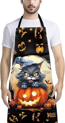 Miniatura 3 de Delantal ajustable con patrón de girasoles de amor, resistente al agua, con 1 bolsillos, Gatos negros y calabazas de Halloween 1
