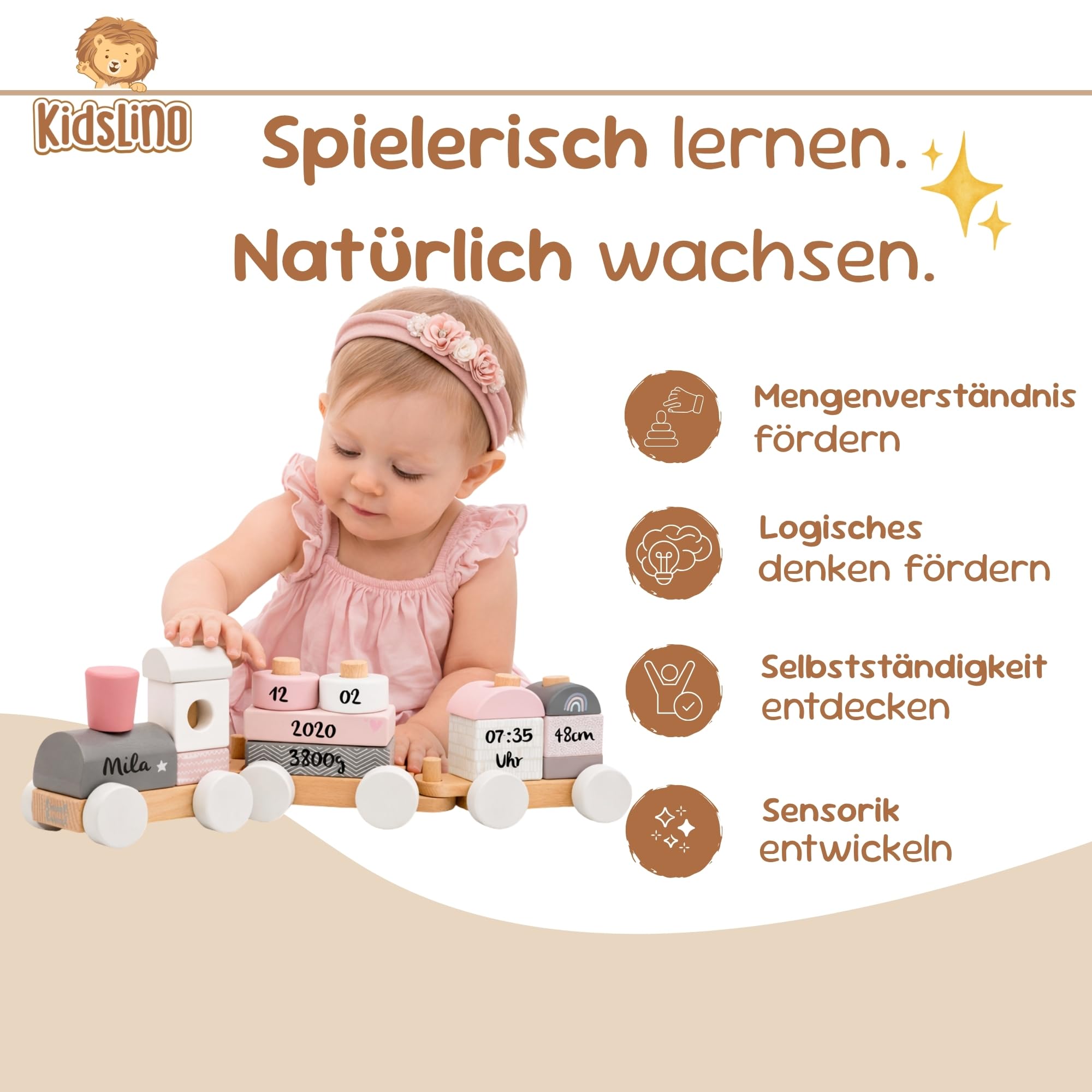 Personalisierte Holzeisenbahn rosa – Personalisierte Geschenke Baby | Steckspielzeug | Geschenk zur Geburt Mädchen | Holzzug mit Name & Geburtsdaten – Label Label