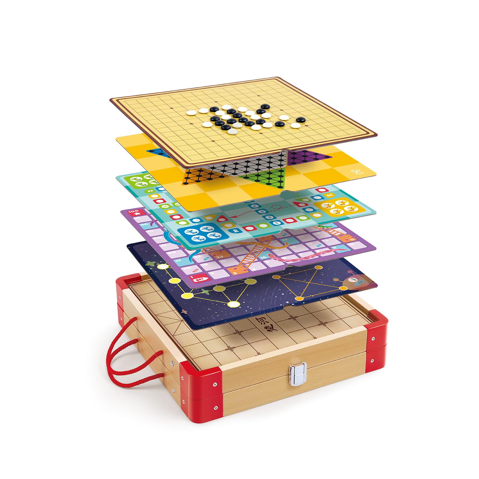 Hape Drewniany zestaw do wielu gier, 22 klasyczne gry planszowe na rodzinną noc, edukacyjne zabawki strategiczne dla dzieci i dorosłych, kompaktowe, przenośne etui do przechowywania dla chłopców i