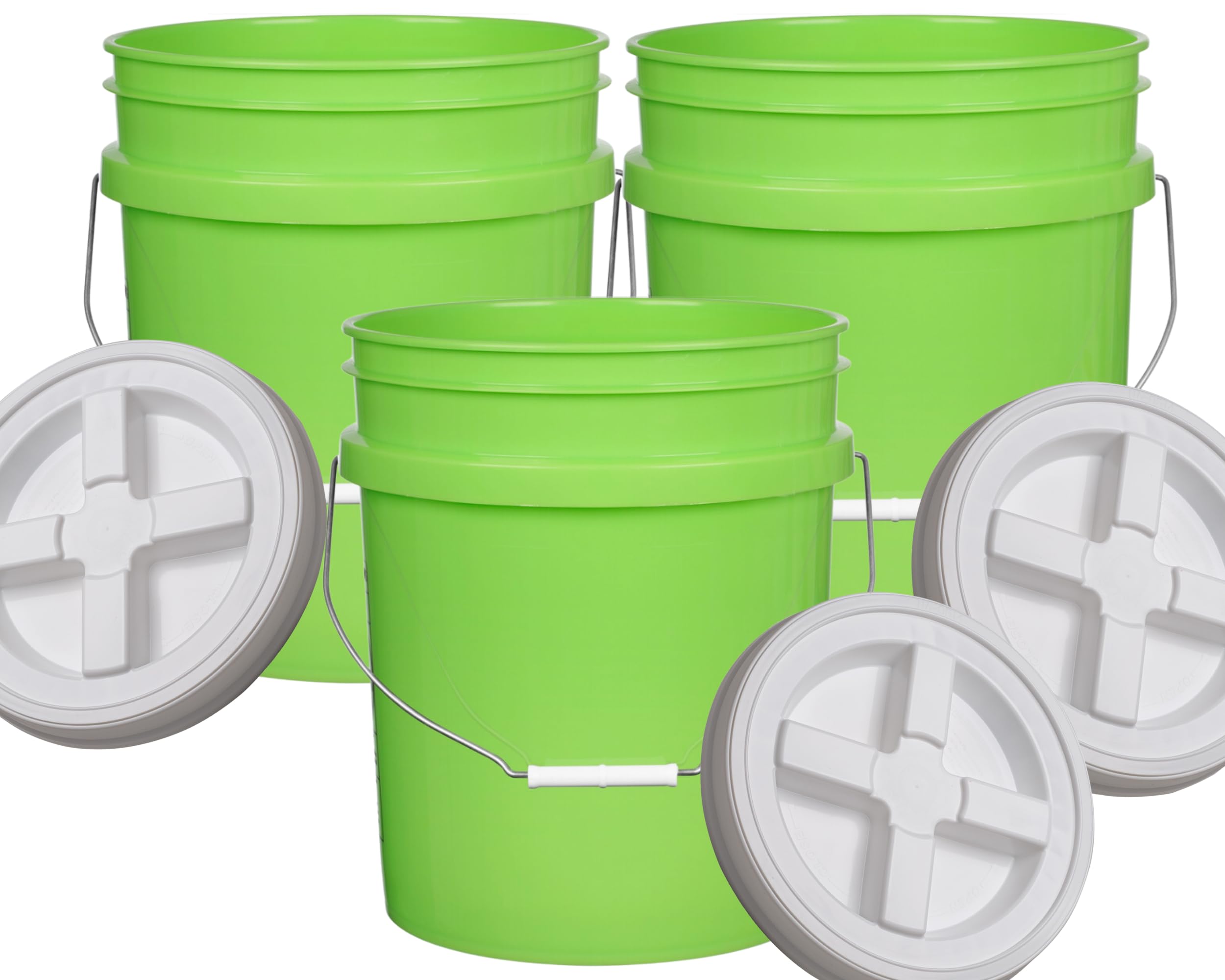 House Naturals 5 Gallon Lime Color Buckets- Pack of 3- Made in USA (5 Gallon, 3, Lime - White lids)