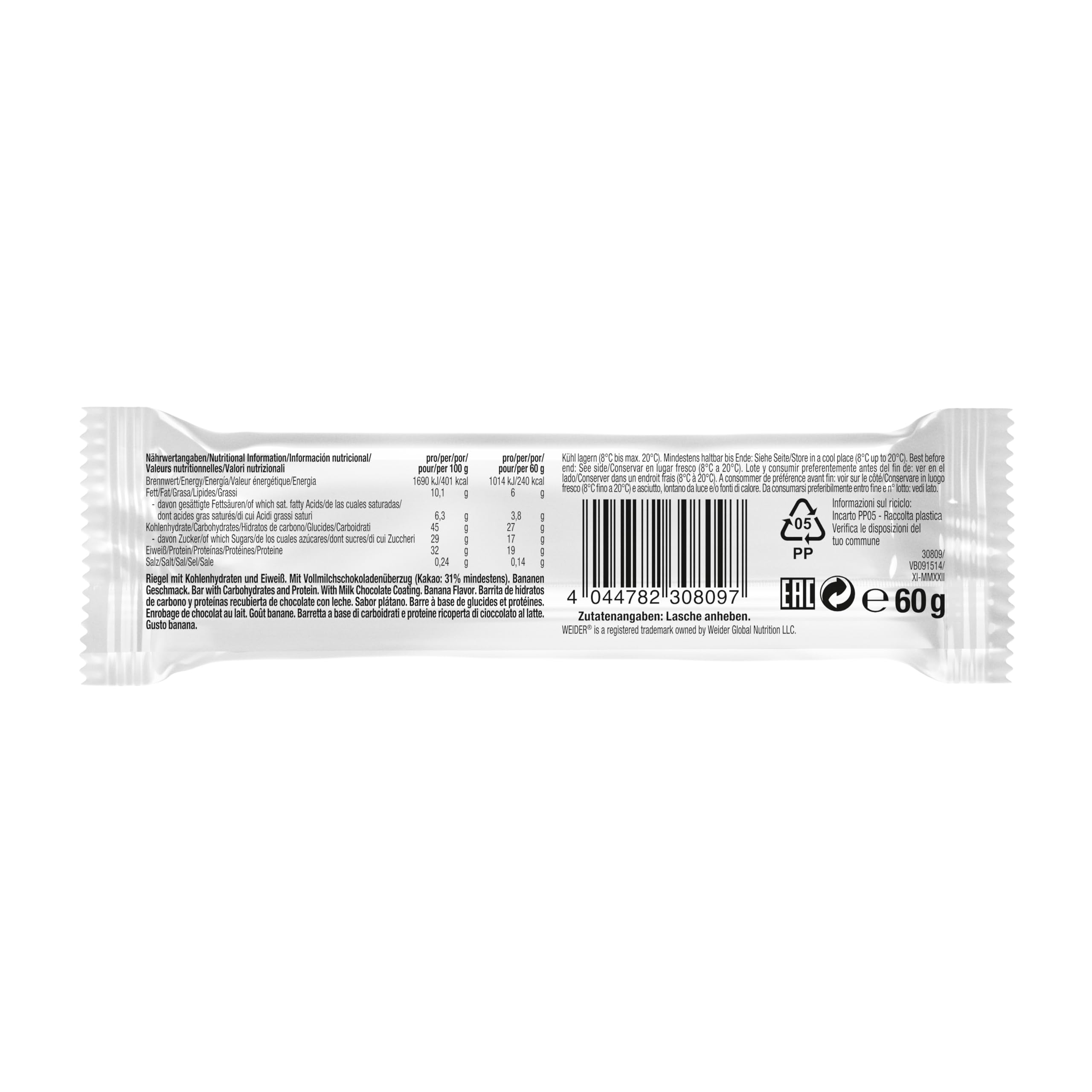 WEIDER 32% Protein Bar, délicieuse barre protéinée enrobée de chocolat fin, haute teneur en protéines, barre énergétique, snack musculation, Banane, 12 x 60 g