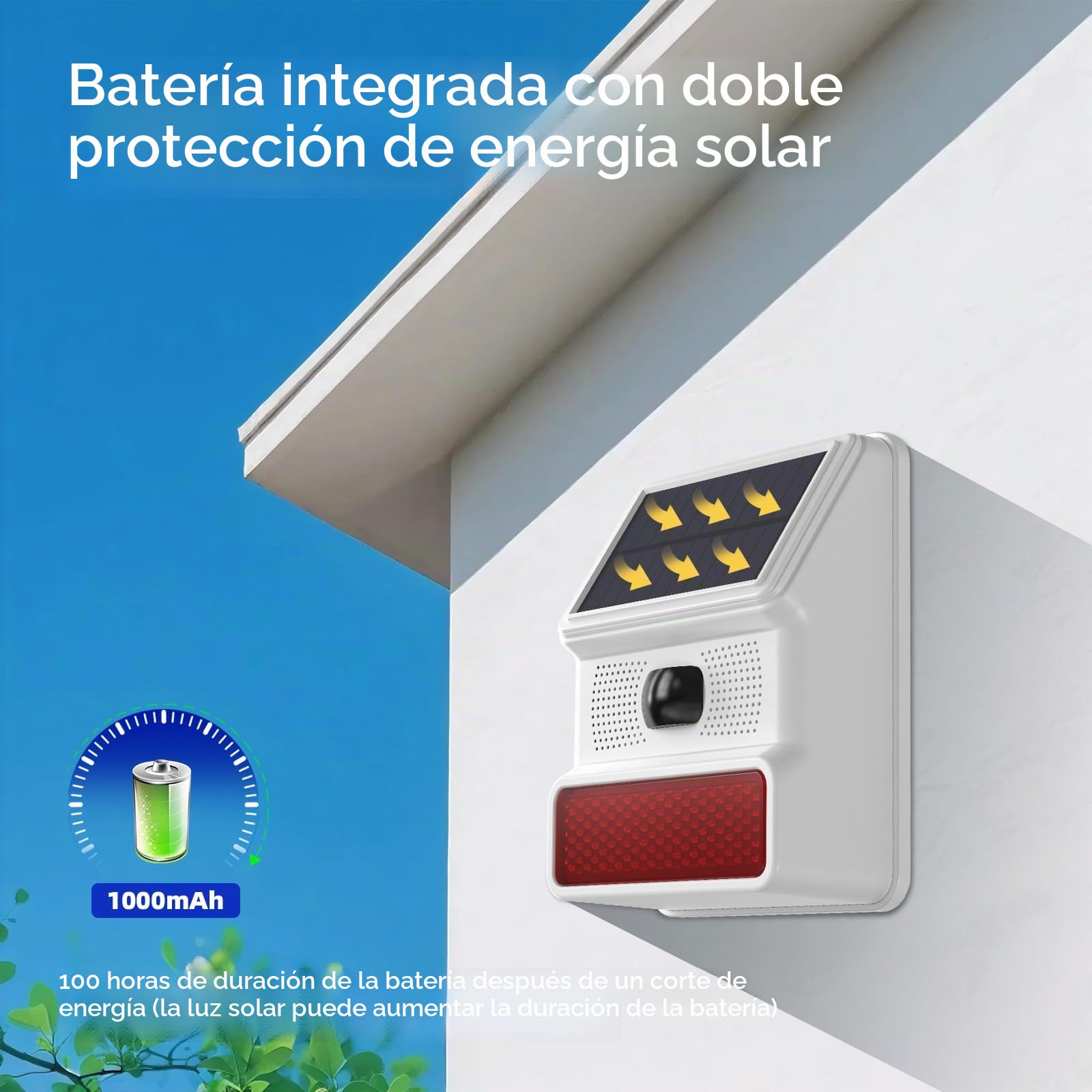 Sirena inteligente inalámbrica para exteriores con detector de movimiento de panel solar, paquete de 2 unidades, alarma fuerte y estroboscópico intermitente, control de romano, fácil de instalar