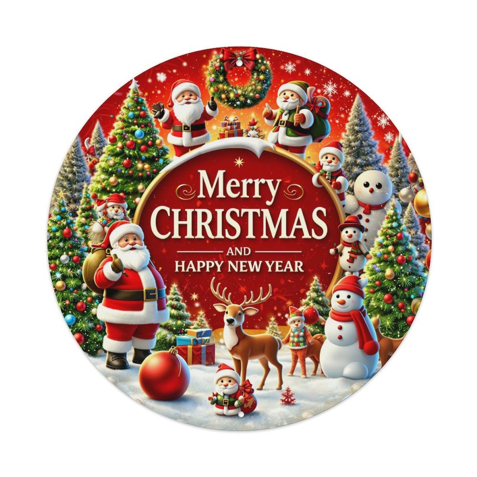 Merry Christmas And Happy New Year Round Metal Tin Sign Vintage Wall Decor, Bar Garage Cafe Kitchen Home Wall Art Poster 8x8inches